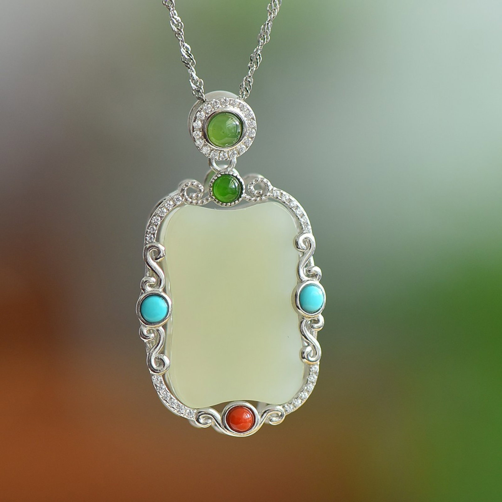 An Exquisite Sterling Silver Inlaid White Jade Pendant,Inlaid Turquoise and Diamond (1 of 5)