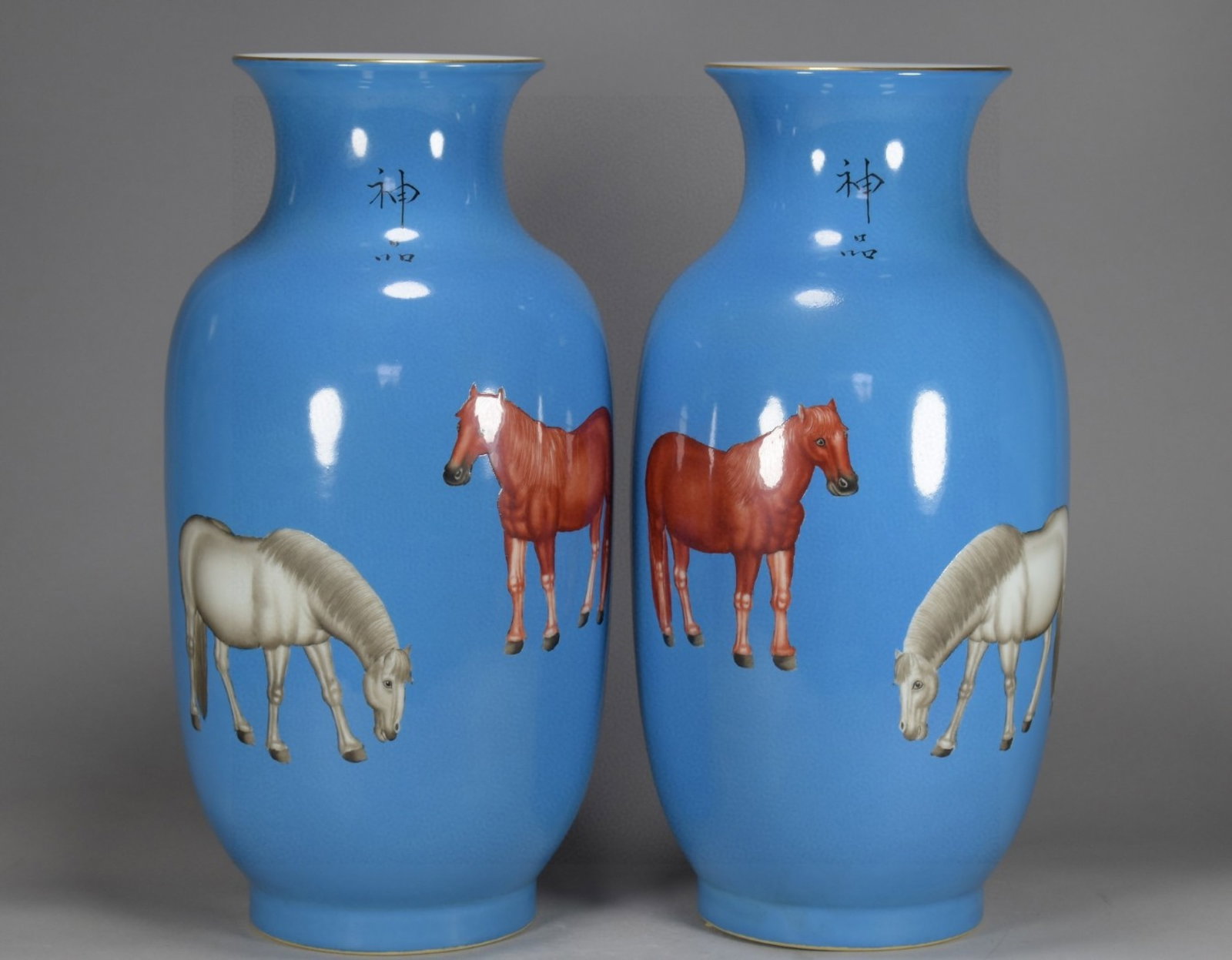 A Pair of Rare Guan yao Blue Glazed Famille-Rose Painted Gold Horse Pattern Vases,With Poem: A Pair of Rare Guan yao Blue Glazed Famille-Rose Painted Gold Horse Pattern Vases,With Poem,Qing Dynasty,China,Qianlong Six-character Mark,Size:13.8inx7.9in 