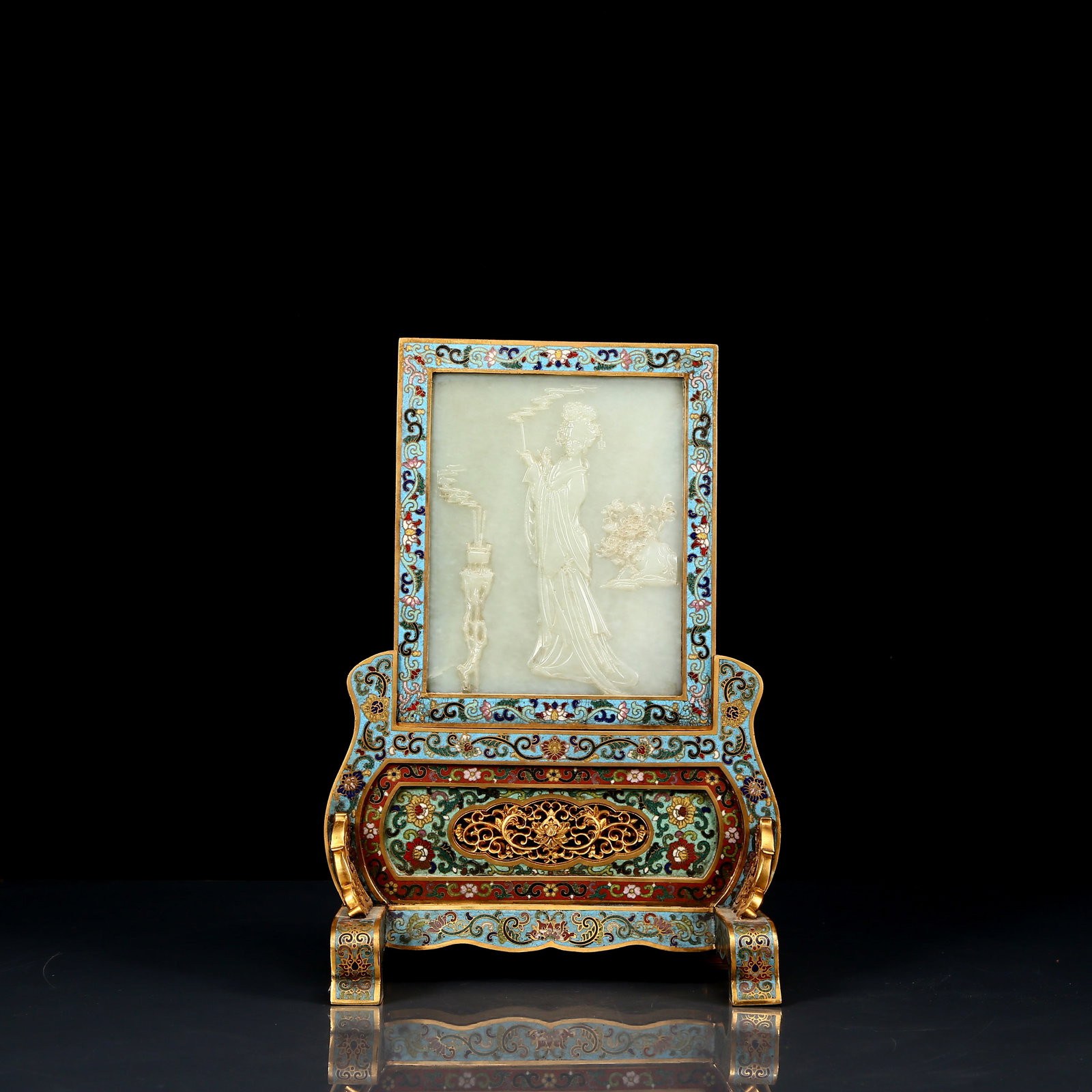 An Exquisite Cloisonne Inlaid White Jade Figure Pattern Table Screen,with an Imperial Poem by: An Exquisite Cloisonne Inlaid White Jade Figure Pattern Table Screen,with an Imperial Poem by Emperor Qianlong,Qing Dynasty, China,Qianlong Four-character Mark,Size:7.3inx5.9inx11.4in,Weight:2190g 