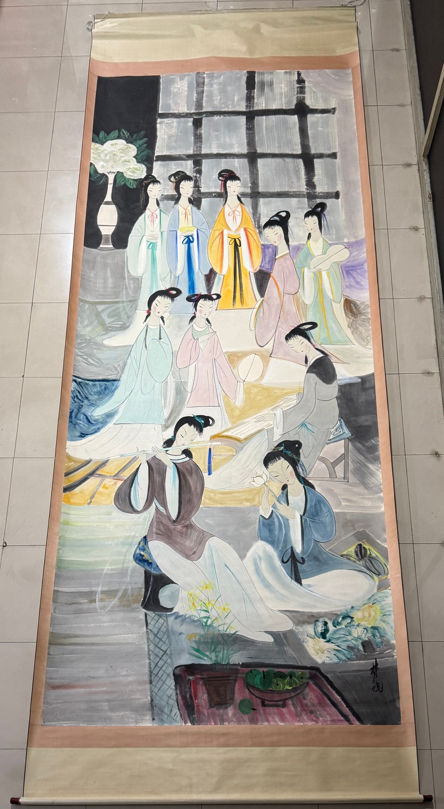 A Chinese Vertical Scroll Ink Painting of Woman on Paper,Lin Fengmian: A Chinese Vertical Scroll Ink Painting of Woman on Paper,Lin Fengmian,Size:78.7inx196.8in 