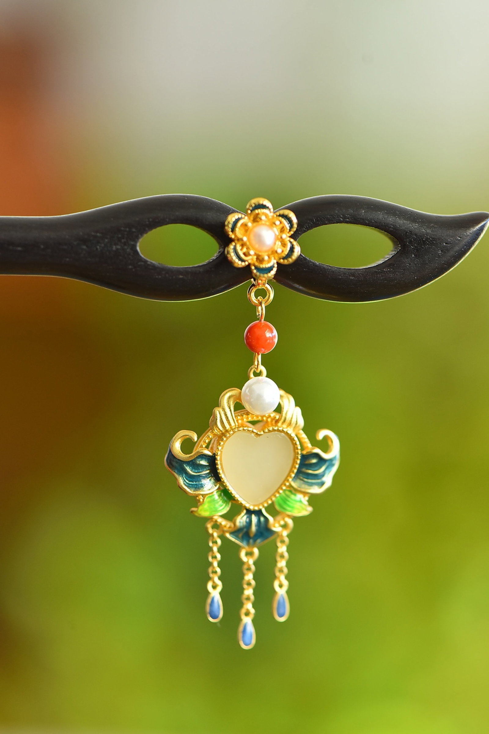 An Exquisite Sterling Silver-Gold Plated Inlaid White Jade Ebony Hairpin, Inlaid Pearl (1 of 5)