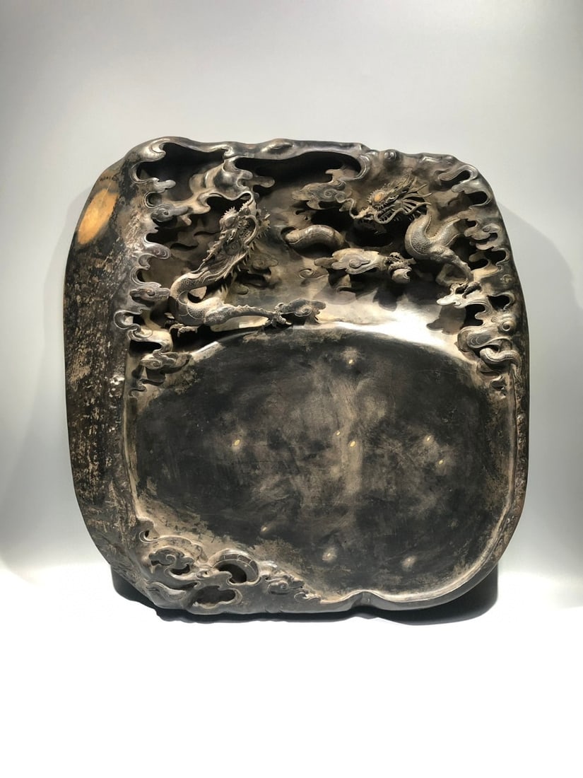 A Huge Auspicious Cloud and Dragon Pattern Inkstone,With Poem (1 of 9)
