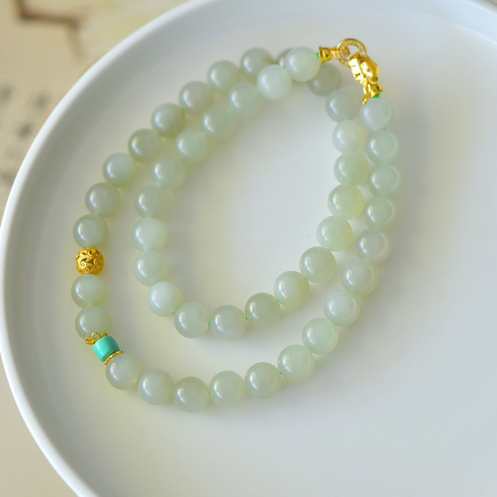 An Exquisite Sterling Silver-Gold Plated Inlaid Greenish Jade Bracelets,With Turquoise: An Exquisite Sterling Silver-Gold Plated Inlaid Greenish Jade Bracelets,With Turquoise,Size:10mm 