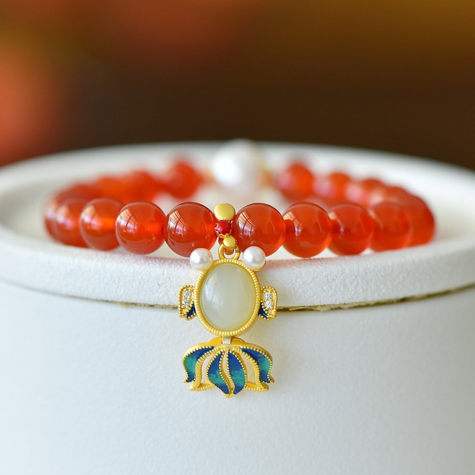 An Exquisite Sterling Silver-Gold Plated Inlaid Agate Bracelet,Inlaid White Jade and Pearl (1 of 5)