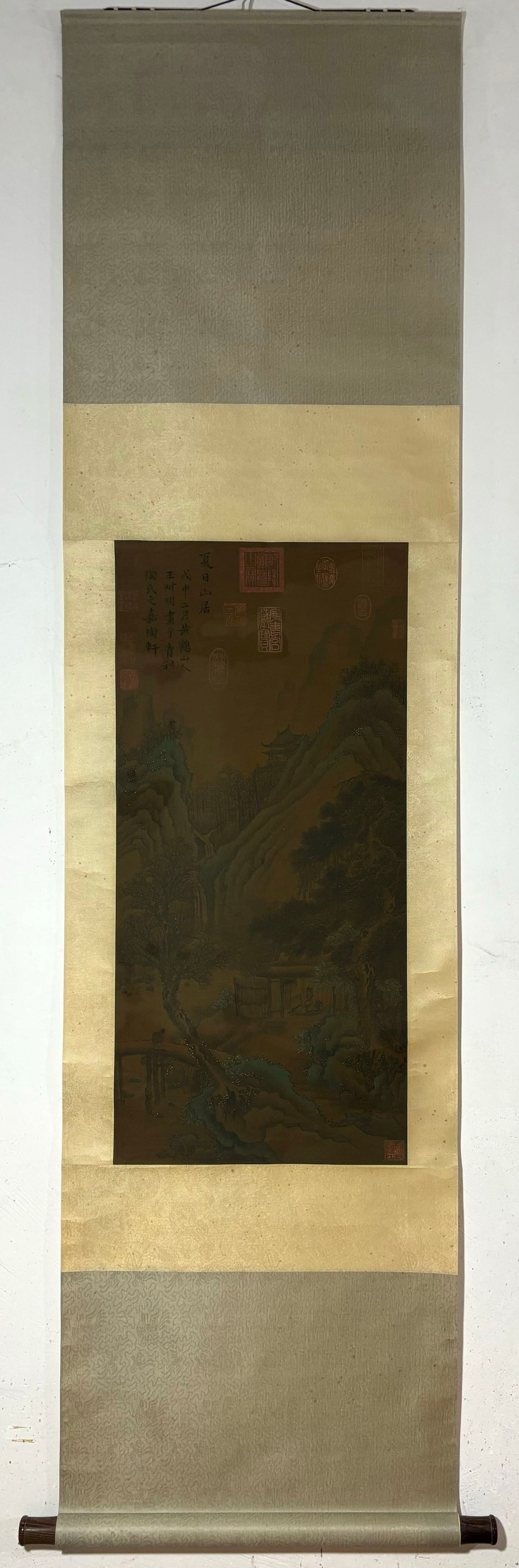 A Chinese Vertical Scroll Ink Painting of Landscape and Figure on Silk,Wang Meng: A Chinese Vertical Scroll Ink Painting of Landscape and Figure on Silk,Wang Meng,Size:(Without frame)32.3inx15.4in 