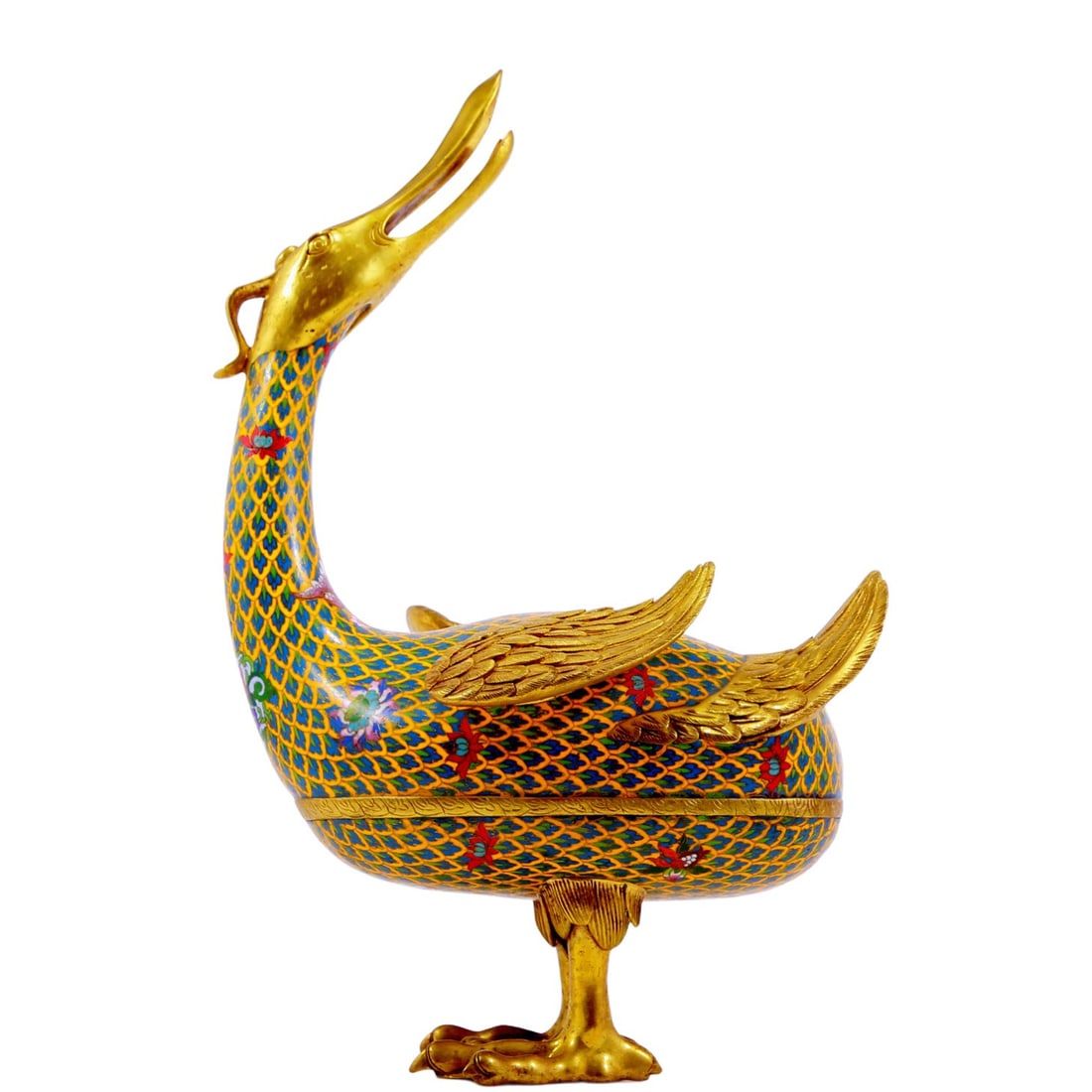Magnificent Cloisonne Duck: A Magnificent Cloisonne Duck. Head is turned around, body enameled with fine, detailed feather markings, the beak, wings and sturdy legs in gilt-metal. Chinese Qing Dynasty. Size:12.2inx9.4inx19.3in 