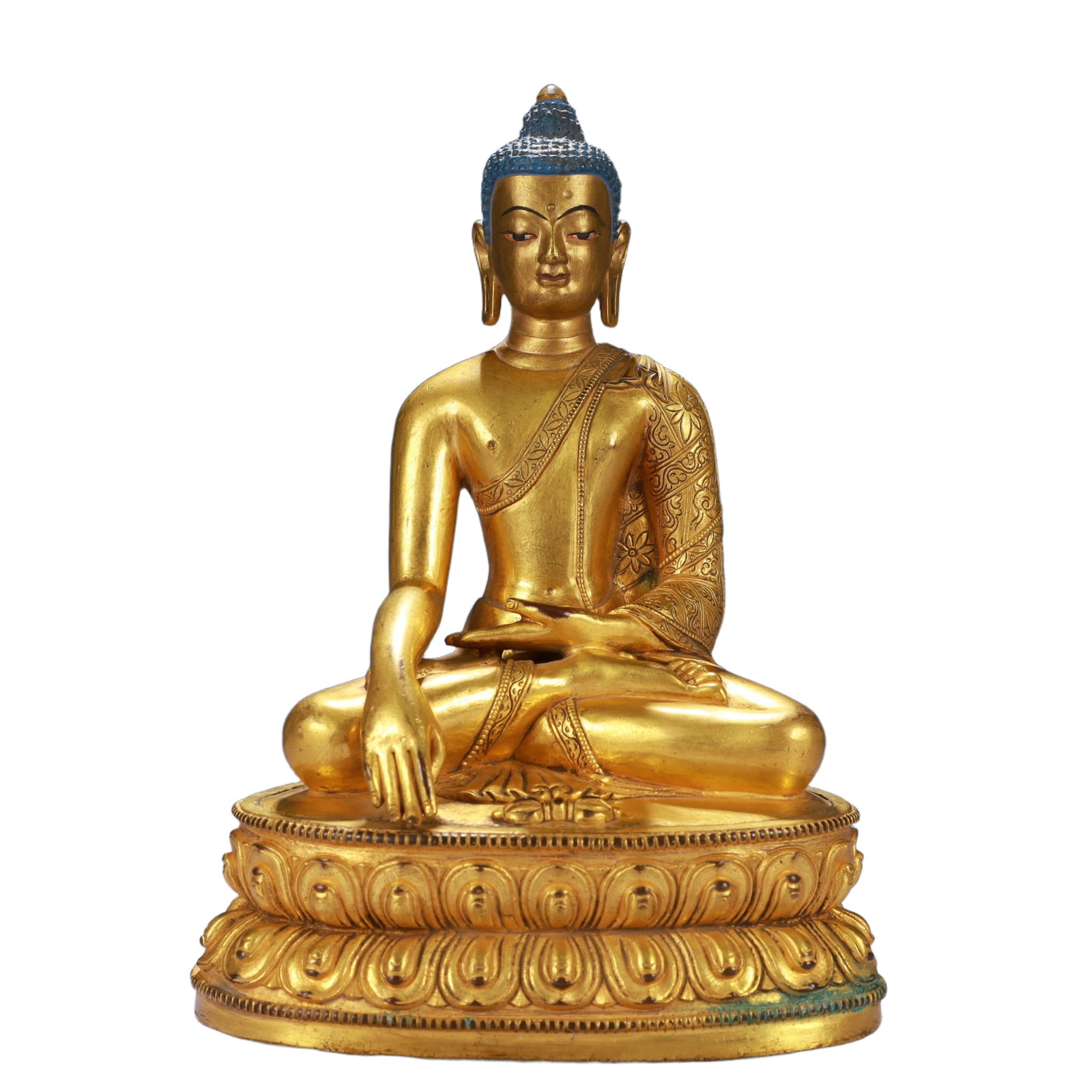 A Solemn Gilt Bronze Statue of Sakyamuni: A Solemn Gilt Bronze Statue of Sakyamuni,Qing Dynasty, China,Size:5.9inx4.3inx8.1in,Weight:1950g 铜鎏金释迦摩尼像,中国清代