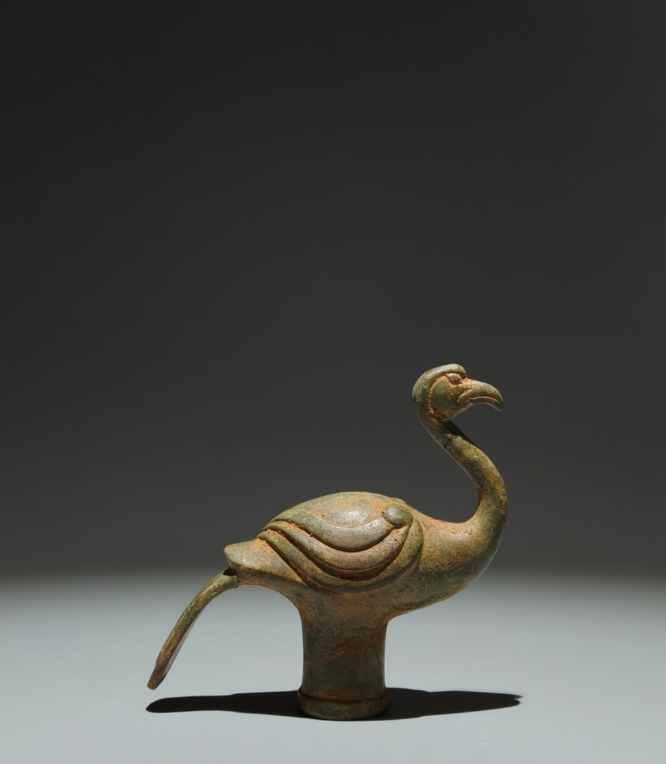 An Archaic Bronze Bird-Shaped Cane head: An Archaic Bronze Bird-Shaped Cane head,Han Dynasty,China,Size:4.9inx5.1inx1.8in 青铜鸟形杖首,中国汉代