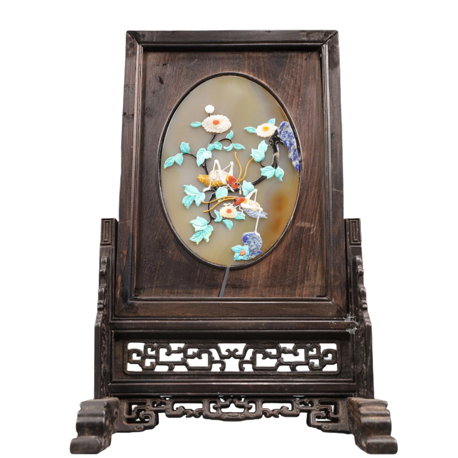 An Exquisite Agate Inlaid Gems Flower and Insect Pattern Screen,With Poem: An Exquisite Agate Inlaid Gems Flower and Insect Pattern Screen,With Poem,Qing Dynasty, China,Size:7.5inx5.1inx11.8in Weight:850g 