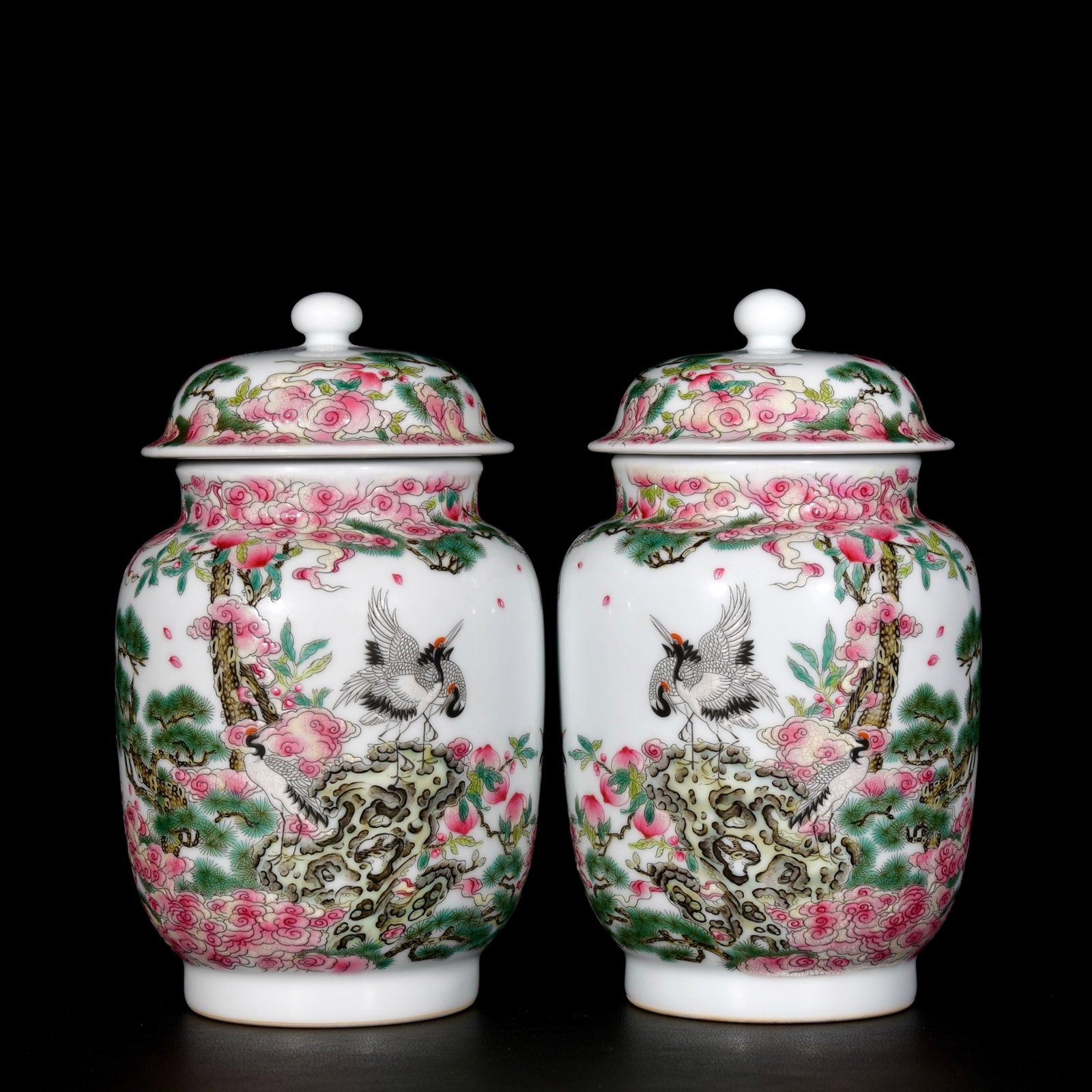 A Pair of Exquisite Enamel Pine and Crane Pattern Cover Jars,With Poem: A Pair of Exquisite Enamel Pine and Crane Pattern Cover Jars,With Poem,Qing Dynasty,China,Yongzheng Four-character Mark,Size:8.5inx5.1in 