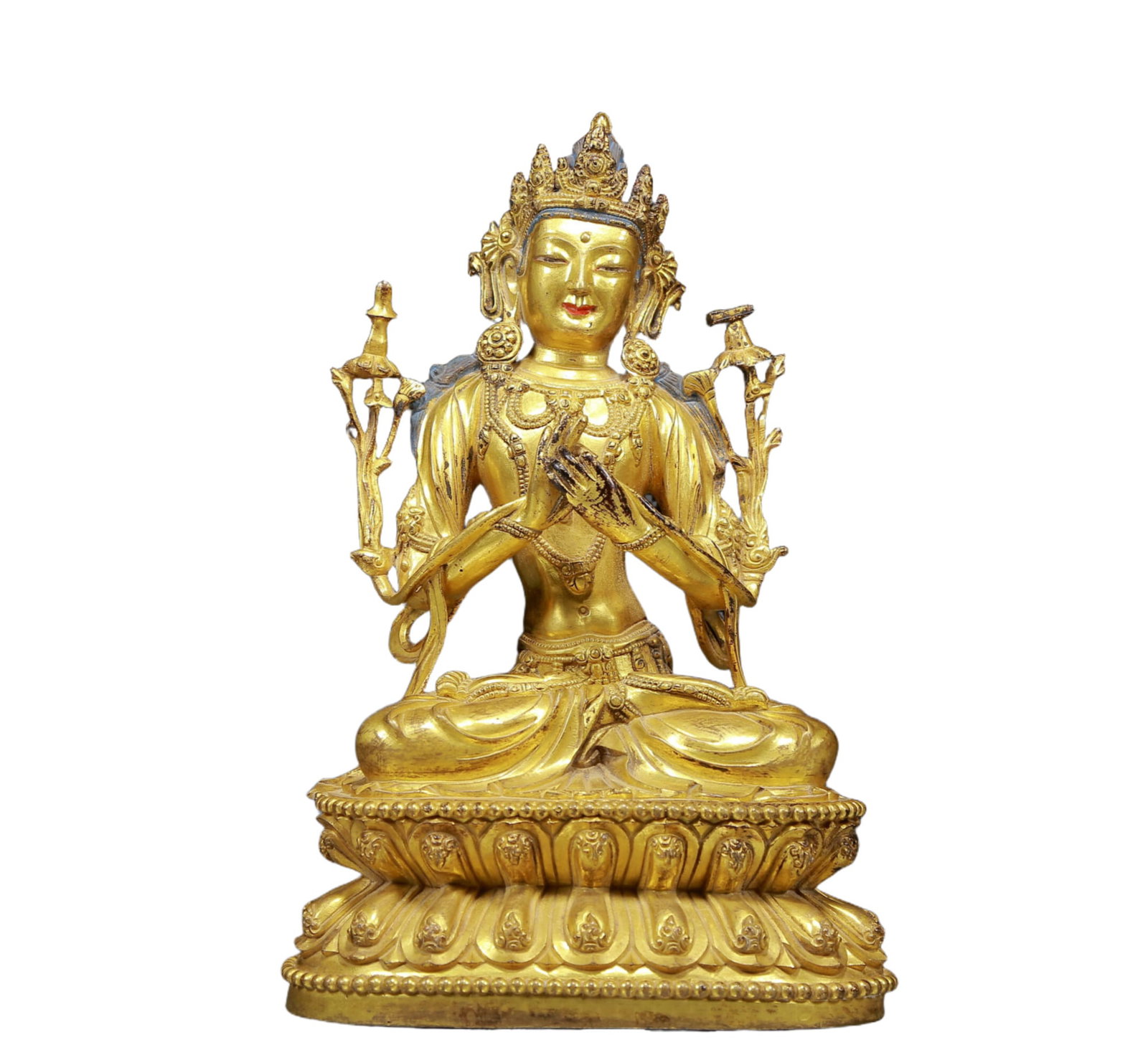 A Solemn Gilt Bronze Statue of Avalokitesvara: A Solemn Gilt Bronze Statue of Avalokitesvara,Ming Dynasty, China,Size:5.9inx4.3inx9.1in,Weight:2075g 铜鎏金观音像，明代