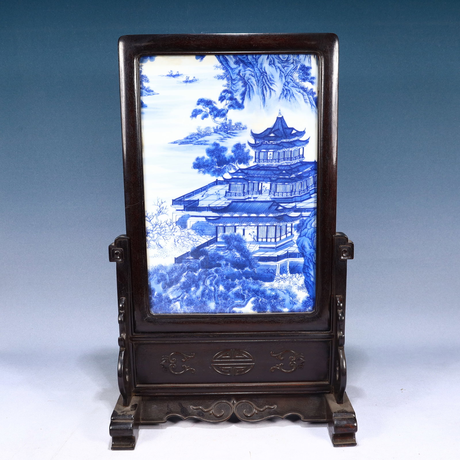 A Huge Zitanwood Inlaid Porcelain Landscape and Figure Pattern Table Screen (1 of 10)