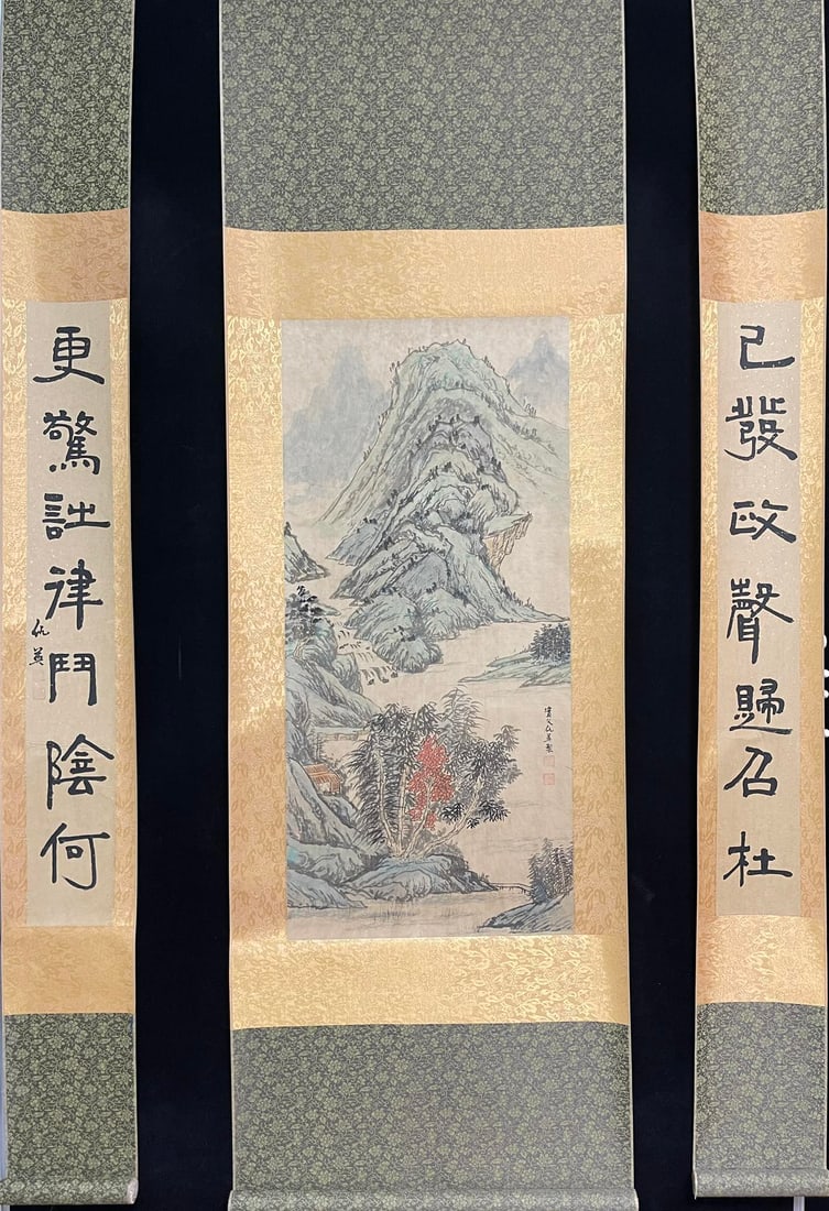 A Chinese Vertical Scroll Ink Painting of Landscape on Paper,With A Chinese Vertical Scroll Ink (1 of 8)