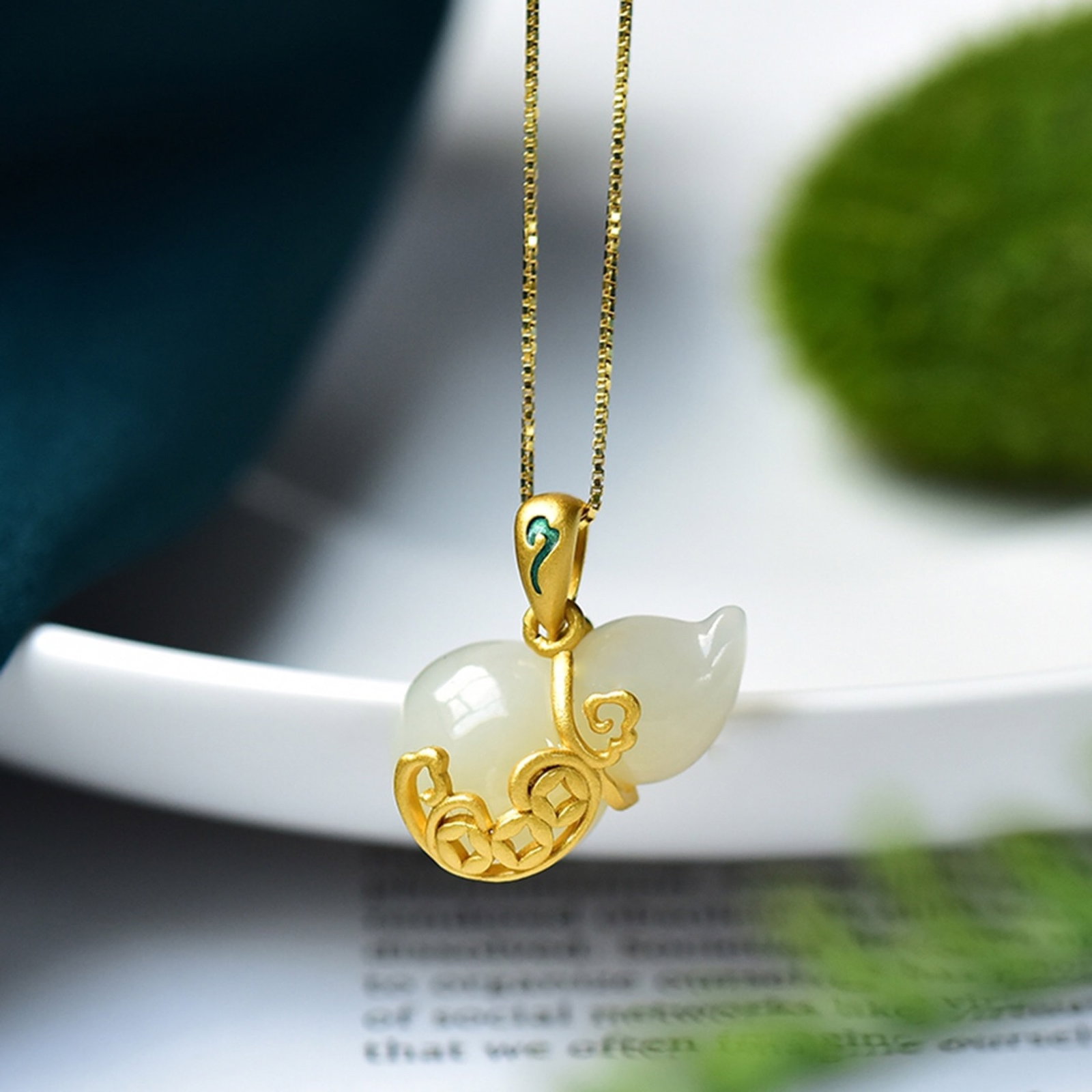 An Exquisite Sterling Silver-Gold Plated Inlaid White Jade Pendant: An Exquisite Sterling Silver-Gold Plated Inlaid White Jade Pendant 纯银镀金镶白玉吊坠