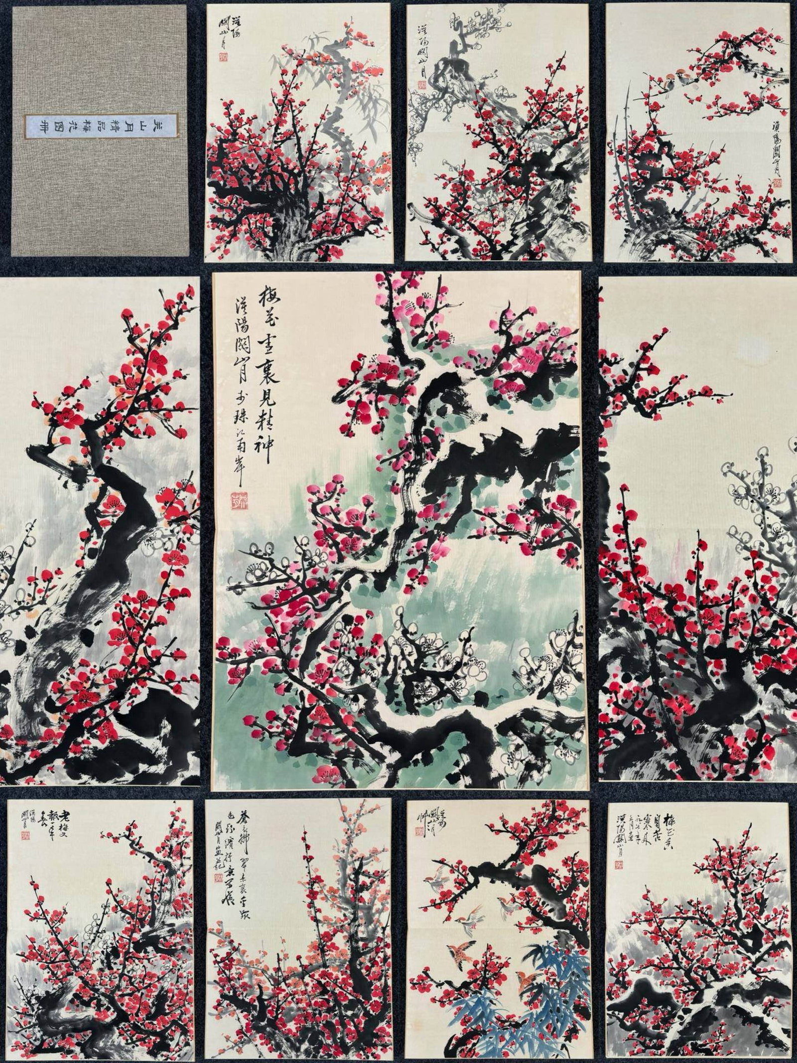 A Chinese Album Ink Painting of Plum Blossom on Paper,Guan Shanyue: A Chinese Album Ink Painting of Plum Blossom on Paper,Guan Shanyue,Size:(Entirety)19.7inx13.8in 