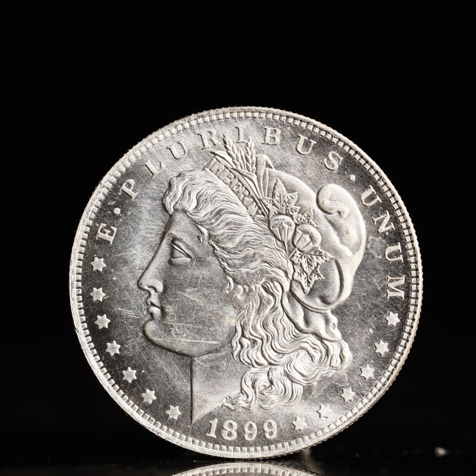 USA Morgan Dollar 1899 Coin: Obv: profile bust with date below and E PLURIBUS UNUM legend and stars around. Rev: eagle with In God we trust above within wreath with UNITED STATES OF AMERICA ONE DOLLAR legend. IN GOD WE TRUST / LI