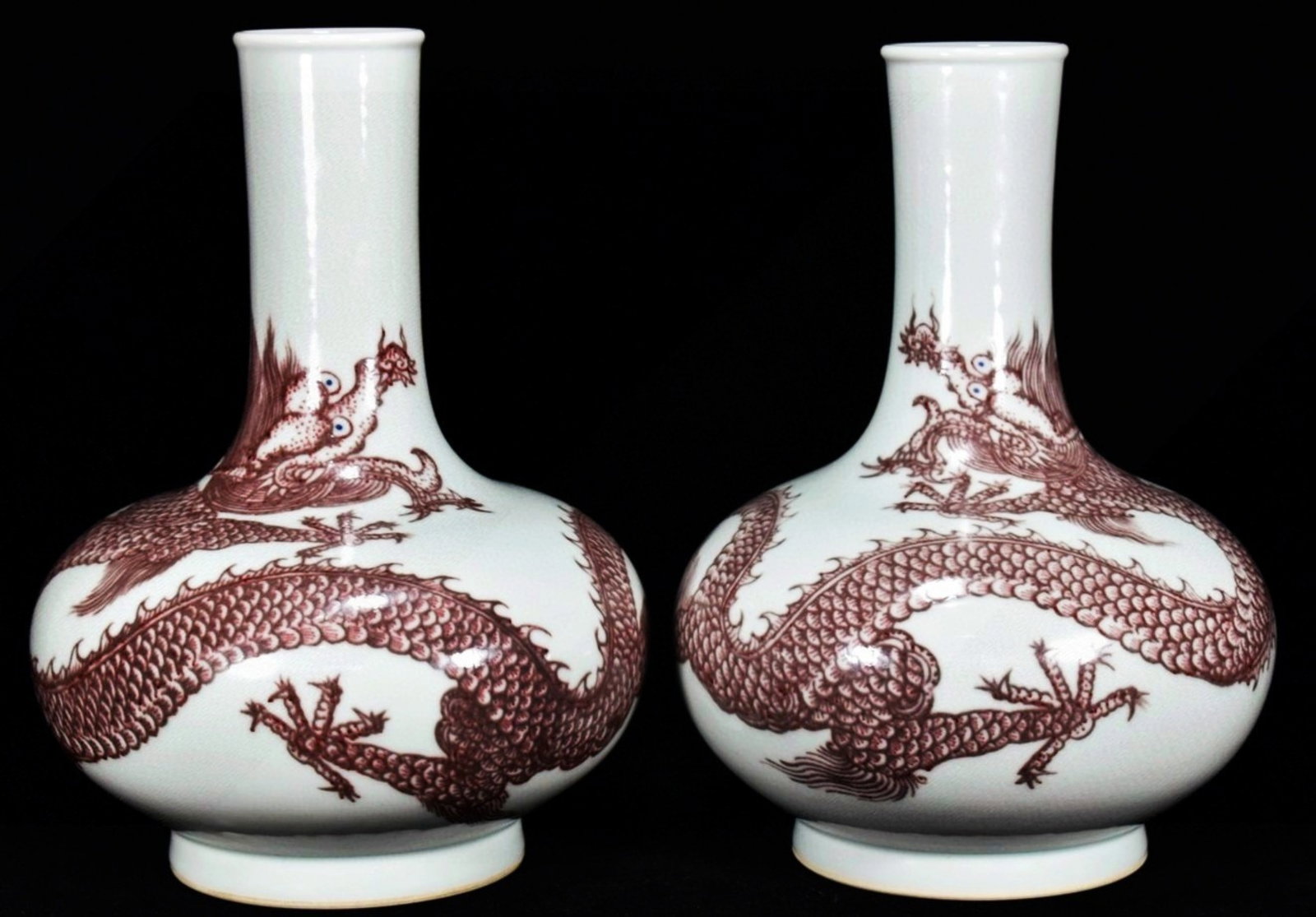 A Pair of Rare Guan yao Underglaze-Red Dragon Pattern Vases (1 of 9)