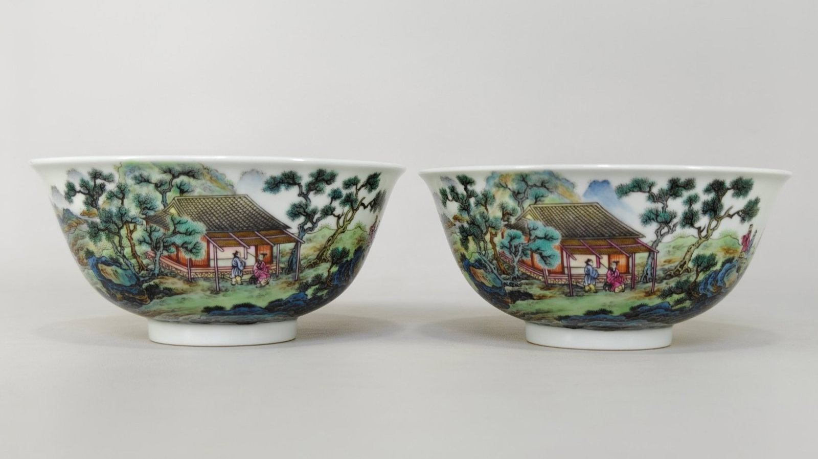 A Pair of Exquisite Famille-Rose Landscape and Figure Pattern Bowls,With Poem: A Pair of Exquisite Famille-Rose Landscape and Figure Pattern Bowls,With Poem,Qing Dynasty,China,Qianlong Four-character Mark,Size:2.8inx5.8in 