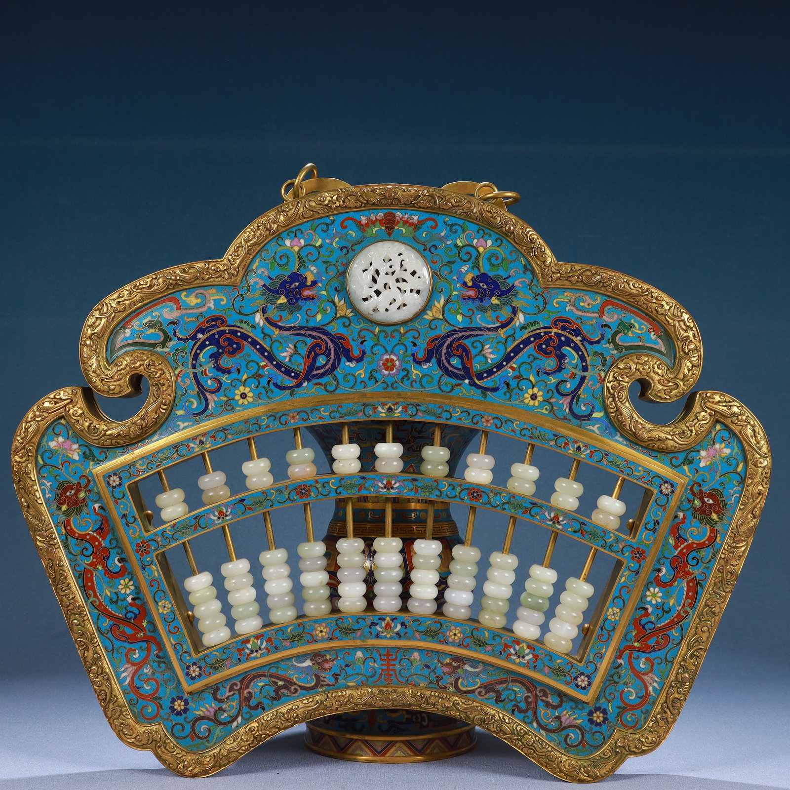 A Huge Cloisonne Inlaid White Jade Lotus and Dragon Pattern Abacus,With Poem: A Huge Cloisonne Inlaid White Jade Lotus and Dragon Pattern Abacus,With Poem,Qing Dynasty, China,Qianlong Six-character Mark,Size:1.2inx18.1inx15.7in,Weight:4600g 