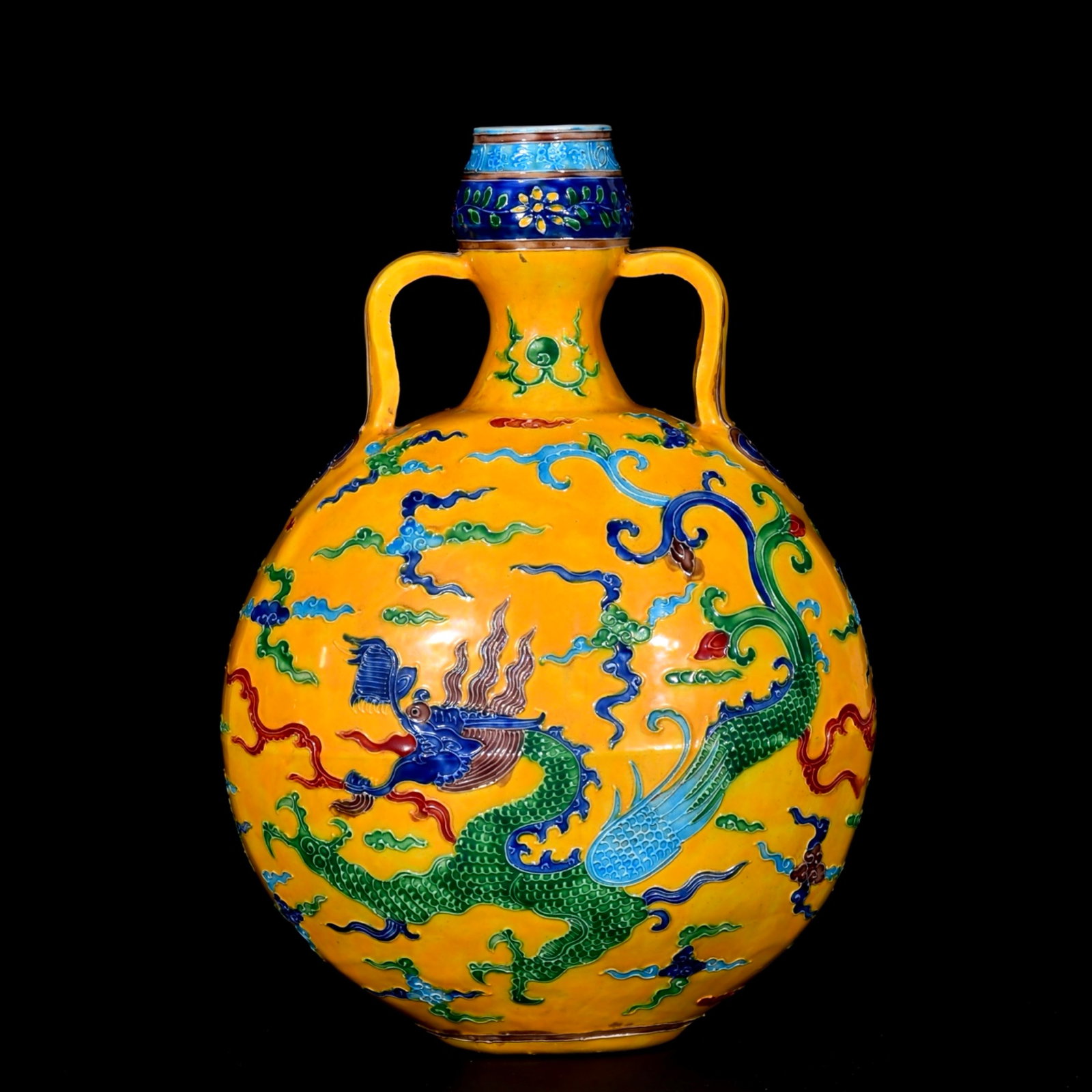 A Rare Fahua Glazed Auspicious Cloud and Dragon Pattern Double-Ears Vase: A Rare Fahua Glazed Auspicious Cloud and Dragon Pattern Double-Ears Vase,Ming Dynasty,China,Yongle Four-character Mark,Size:12.2inx8.3in 