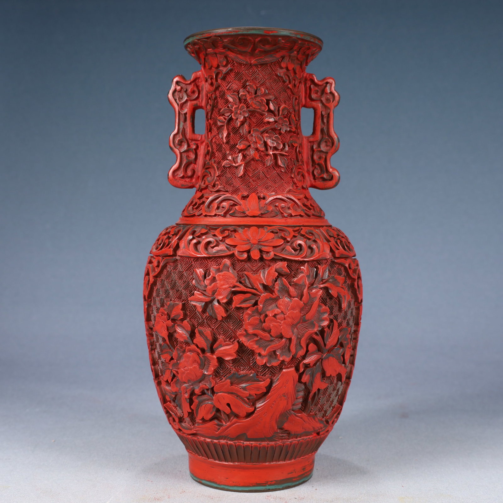An Exquisite Carved Red Lacquer Flower Pattern Double-Ears Vase: An Exquisite Carved Red Lacquer Flower Pattern Double-Ears Vase,Qing Dynasty, China,Size:4.7inx10.2in,Weight:700g