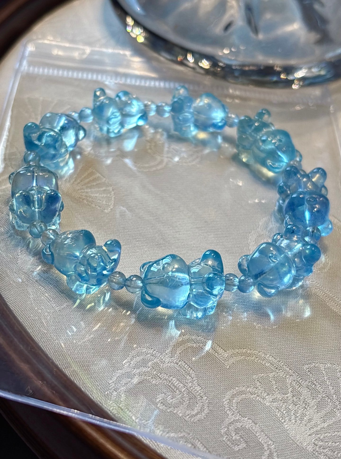 An Exquisite Aquamarine Bear Bracelets: An Exquisite Aquamarine Bear Bracelets,Size:11mm,Weight:26g 海蓝宝熊手串
