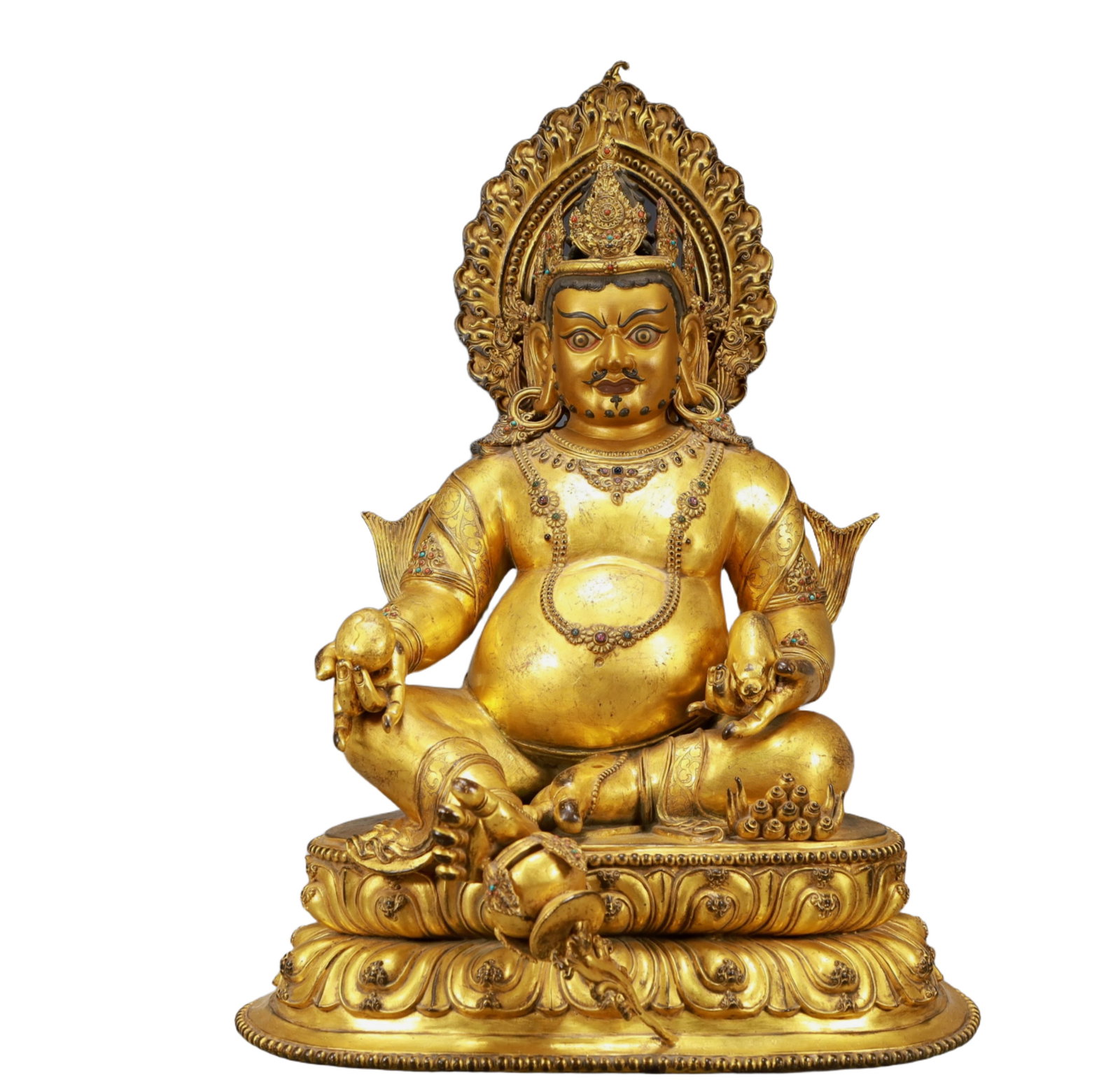 A Solemn Gilt Bronze Statue of Mammon,Inlaid Turquoise,With Inscription: A Solemn Gilt Bronze Statue of Mammon,Inlaid Turquoise,With Inscription,Ming Dynasty, China,Size:15.4inx13.8inx20.5in,Weight:13400g 