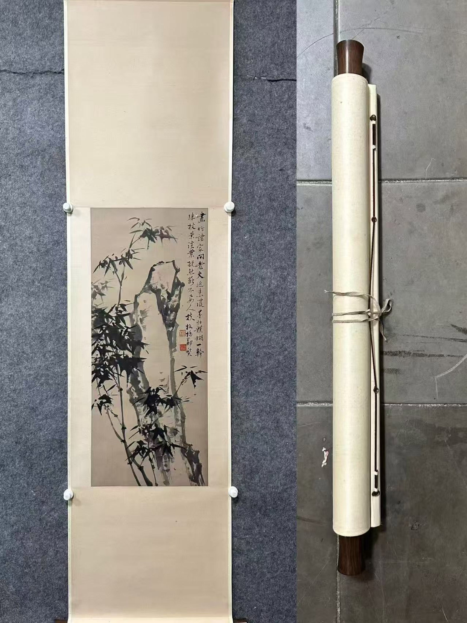 A Chinese Vertical Scroll Ink Painting of Bamboo on Paper,Zheng Banqiao: A Chinese Vertical Scroll Ink Painting of Bamboo on Paper,Zheng Banqiao,Size:(Without frame)16.1inx38in