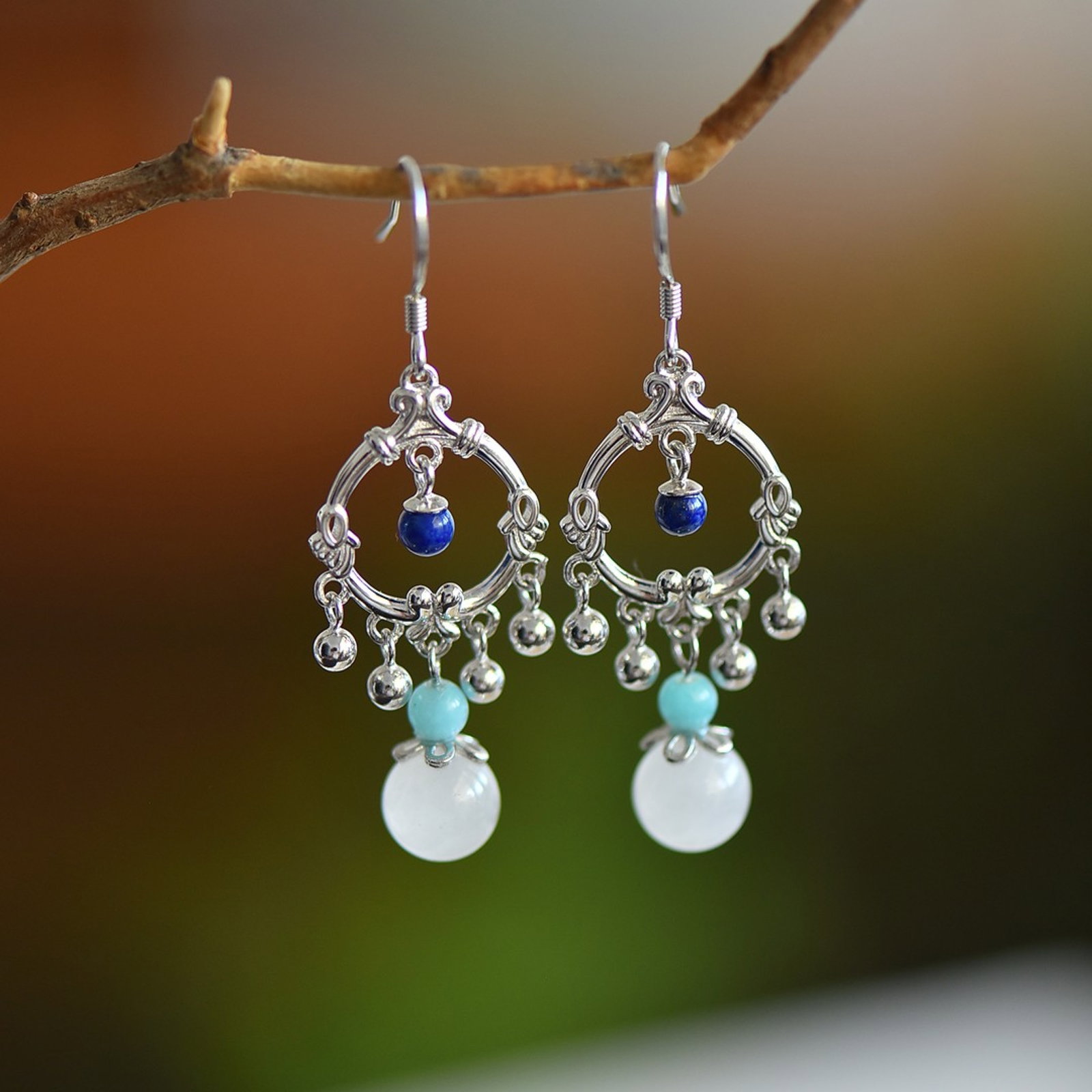 A Pair of Exquisite Sterling Silver Inlaid White Jade Earrings: A Pair of Exquisite Sterling Silver Inlaid White Jade Earrings,Size:8mmx8mm 一对纯银镶白玉耳环