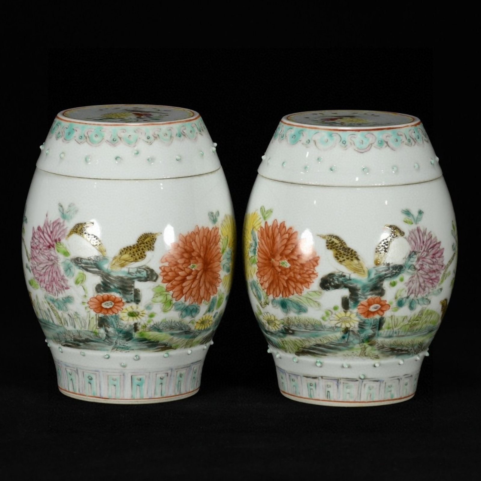 A Pair of Exquisite Famille-Rose Flower and Bird Pattern Cover Jars (1 of 9)