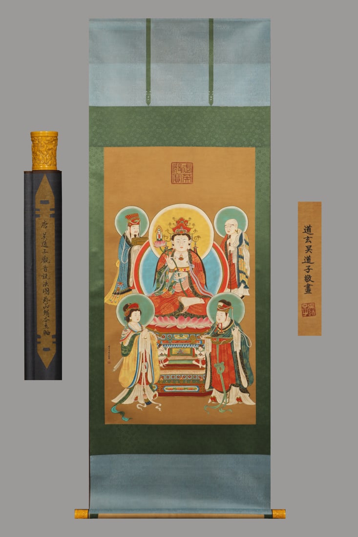 A Chinese Vertical Scroll Ink Painting of Buddha Statue on Silk,Wu Daozi (1 of 10)