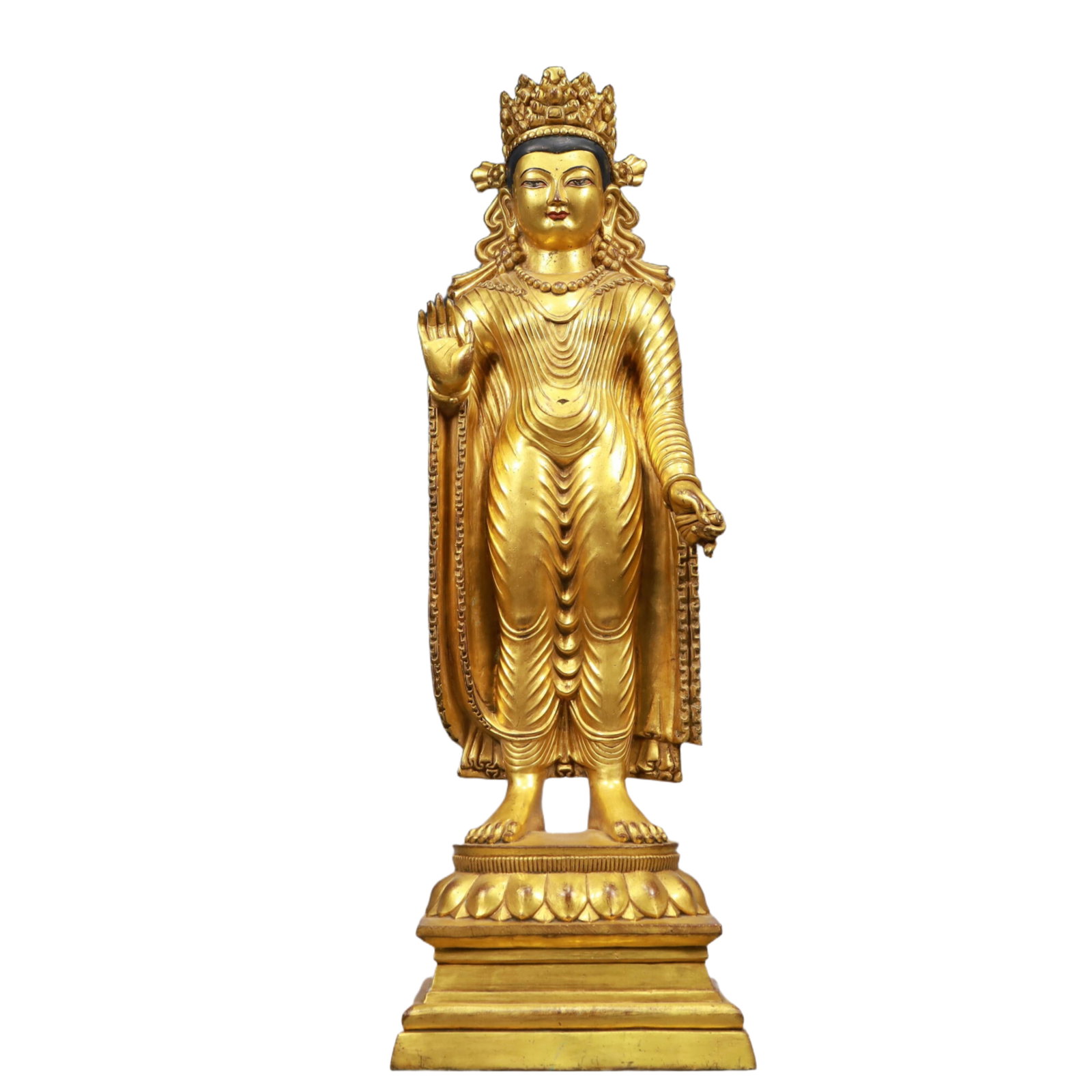 A Solemn Gilt Bronze Statue of Sakyamuni: A Solemn Gilt Bronze Statue of Sakyamuni, Ming Dynasty, China, Qianlong Mark, Size:8.7inx5.9inx27.6in, Weight:14700g