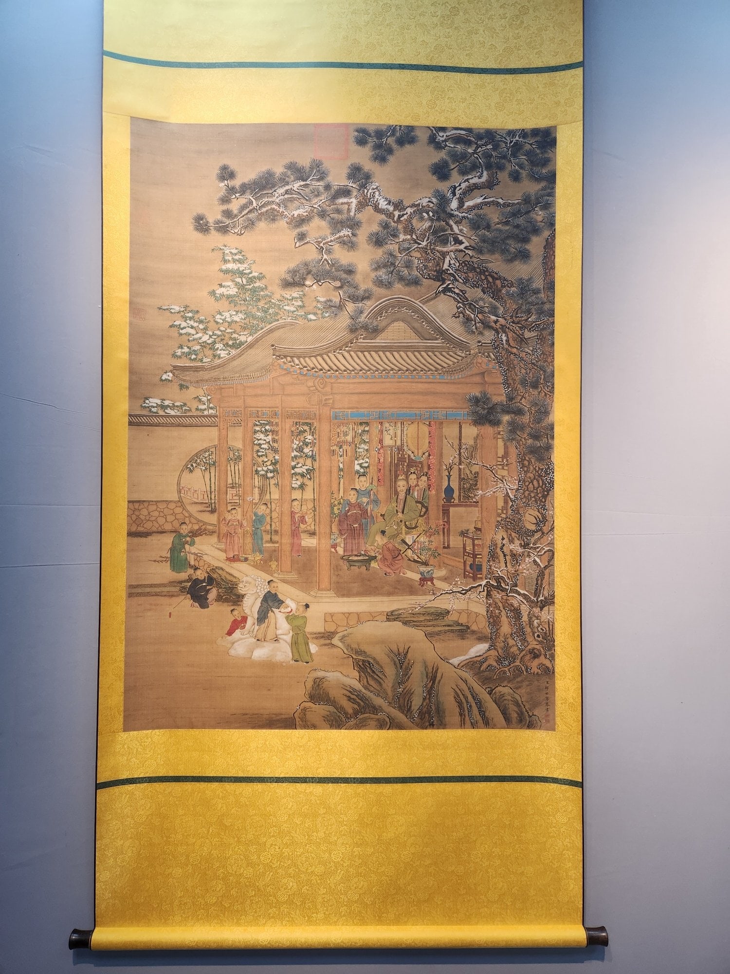 A Chinese Vertical Scroll Ink Painting of Character and Story on Silk,Lang Shining: A Chinese Vertical Scroll Ink Painting of Character and Story on Silk,Lang Shining,Size:(Without frame)52.4inx37in