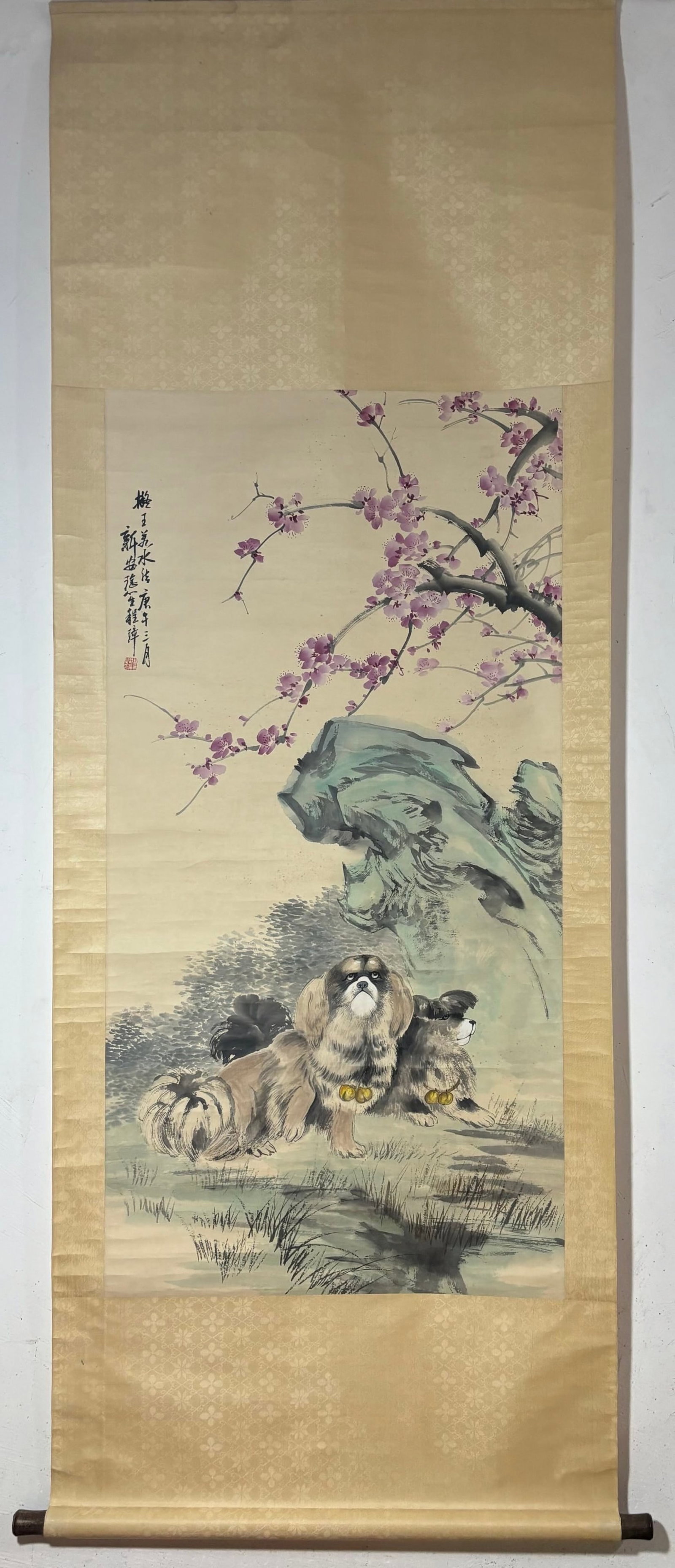 A Chinese Vertical Scroll Ink Painting of Dog on Paper,Cheng Zhang: A Chinese Vertical Scroll Ink Painting of Dog on Paper,Cheng Zhang,Size:(Without frame)52.6inx26.6in 一幅中国水墨犬图立轴,程璋