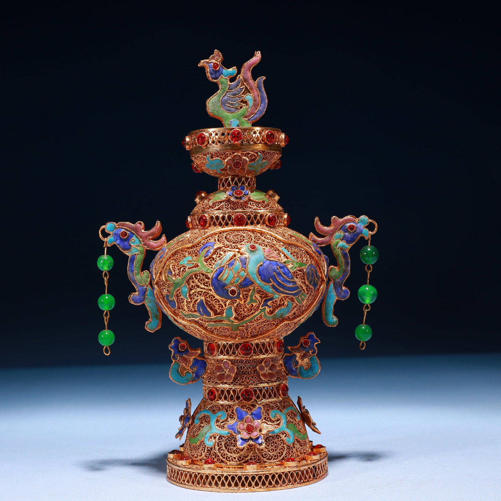An Exquisite Filigree and Gilding Flower and Bird Pattern Double-Ears Vase,Inlaid Gems: An Exquisite Filigree and Gilding Flower and Bird Pattern Double-Ears Vase,Inlaid Gems,Qing Dynasty,China,Qianlong Four-character Mark,Size:5.9inx3.5inx9.8in,Weight:500g 掐丝鎏ດ