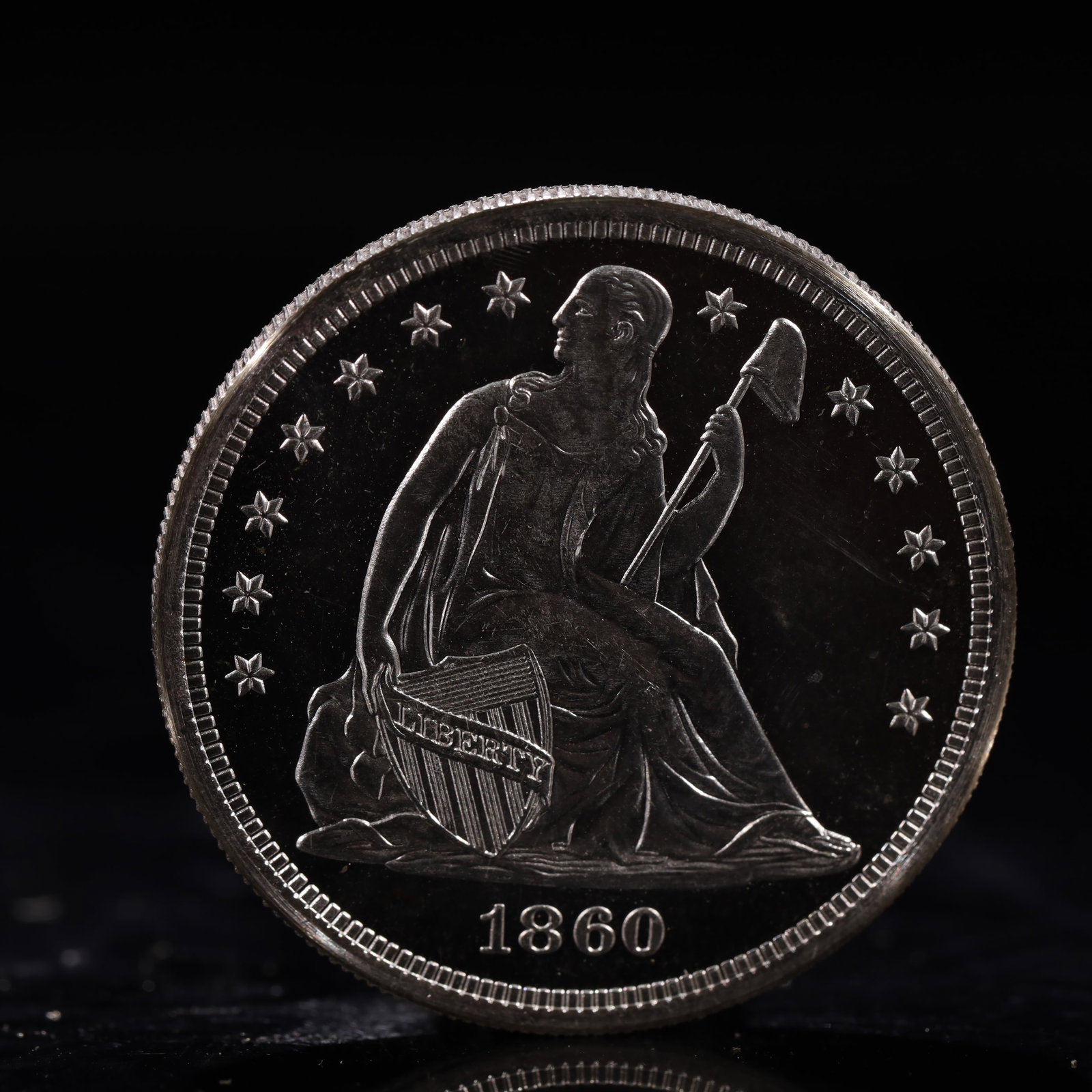 USA One Dollar 1860 Coin: American coin. IN GOD WE TRUST / LIBERTY / 1860 / UNITED STATES OF AMERICA / ONE DOL. Mint Mark: O.Weight:26.9g.