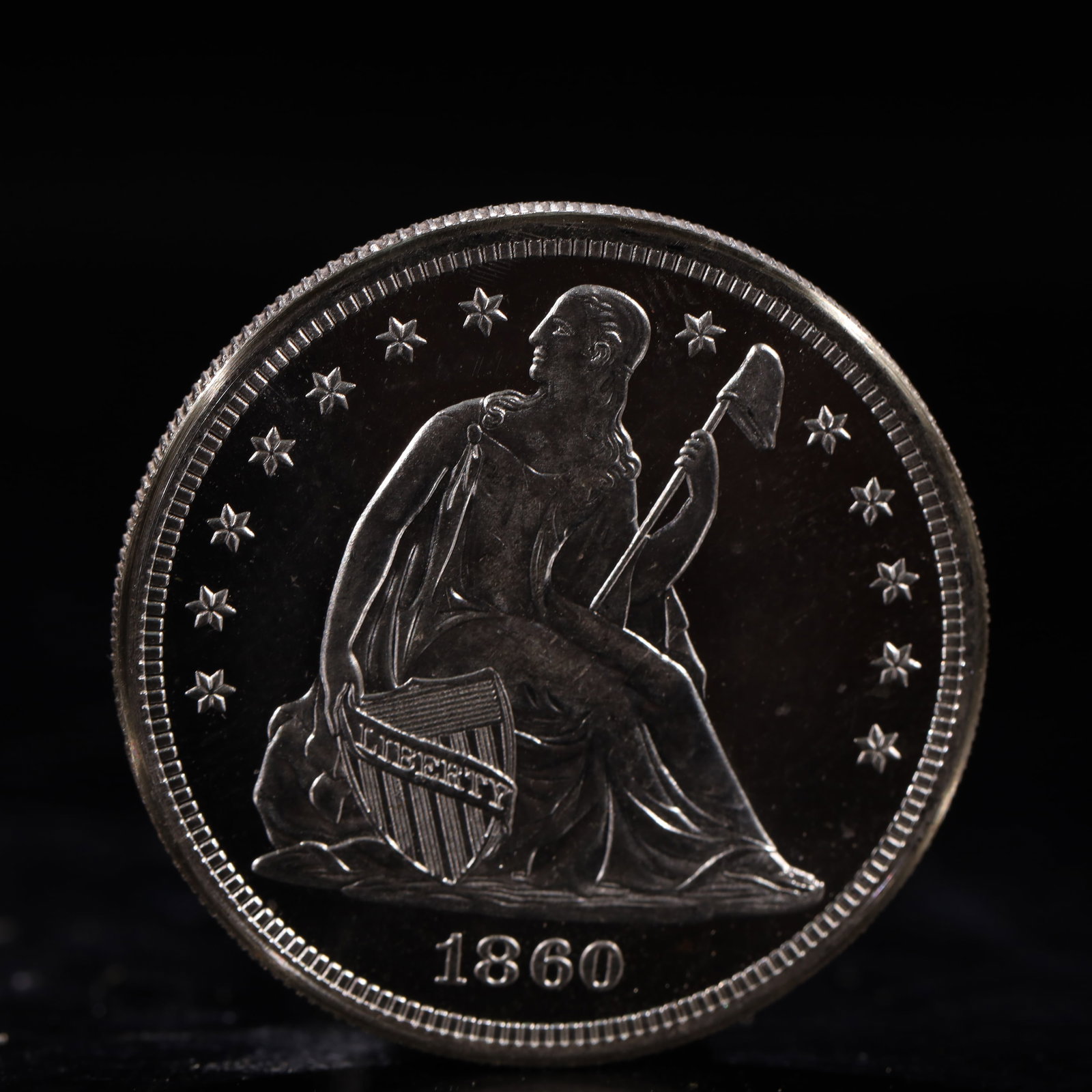 USA One Dollar 1860 Coin: American coin. IN GOD WE TRUST / LIBERTY / 1860 / UNITED STATES OF AMERICA / ONE DOL. Mint Mark: O.Weight:26.9g.