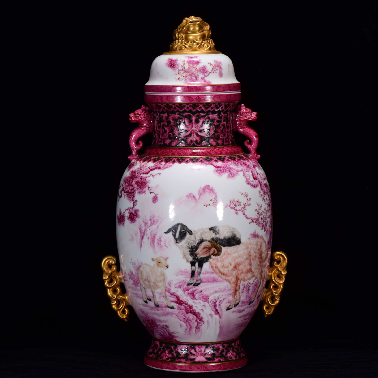 A Huge Ruby Red-Glazed Gilt Landscape and Sheep Pattern Dragon-Ears Bottle,With Poem (1 of 9)