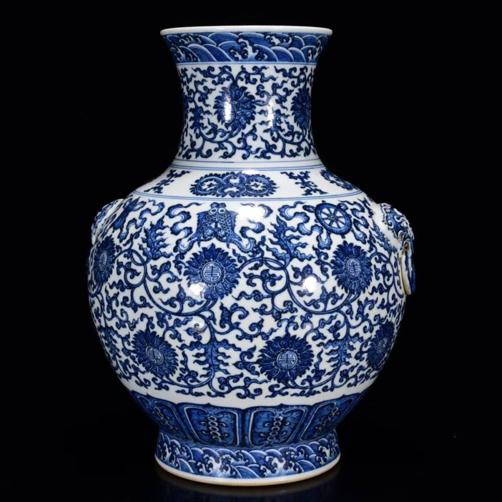 A Rare Blue and White Lotus and Eight Treasures Pattern Beast-Ears Vase (1 of 9)