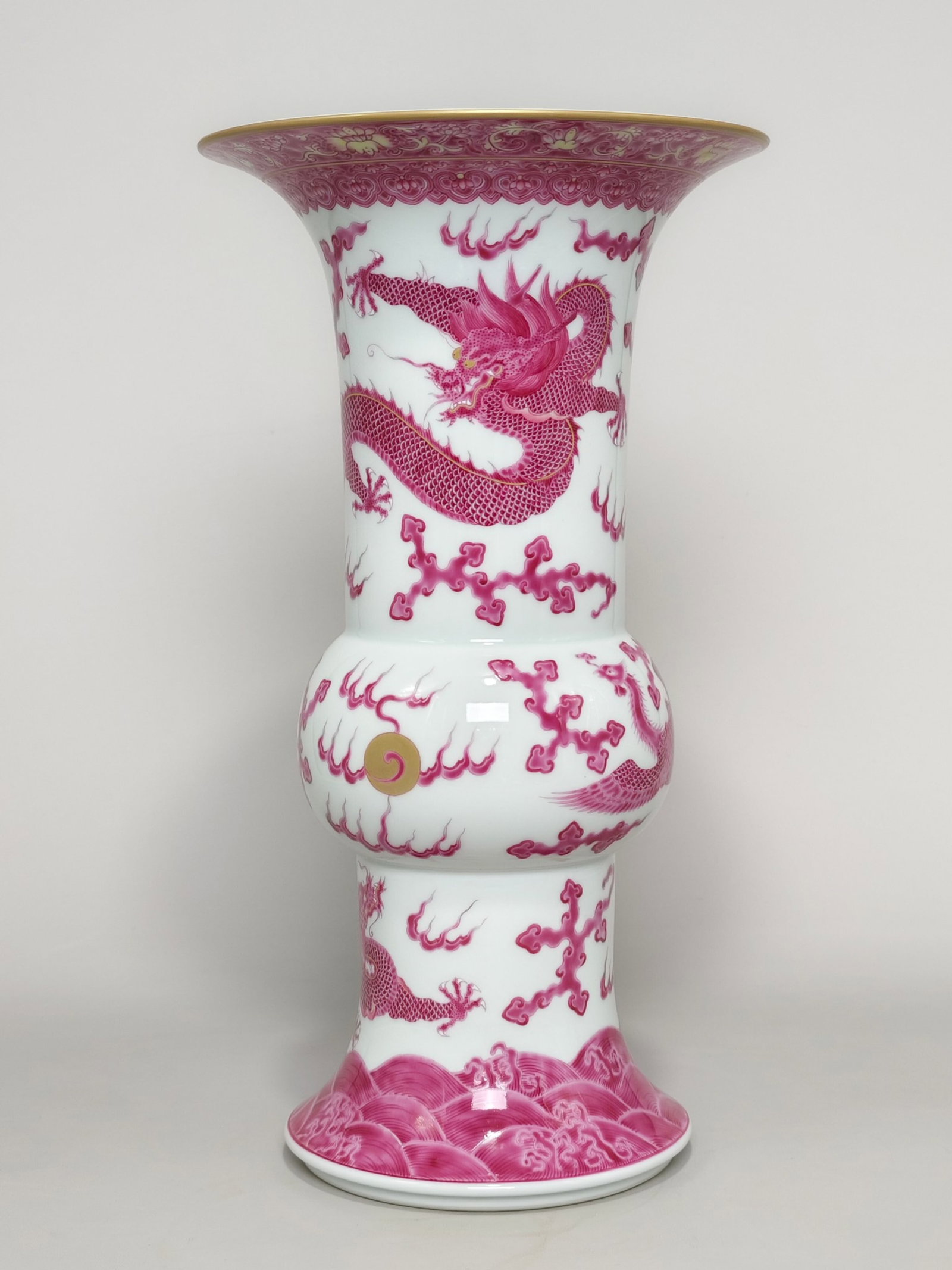 A Rare Ruby Red-Glazed Painted Gold Dragon and Phoenix Pattern Vase: A Rare Ruby Red-Glazed Painted Gold Dragon and Phoenix Pattern Vase,Qing Dynasty,China,Yongzheng Six-character Mark,Size:14.6inx8.1in