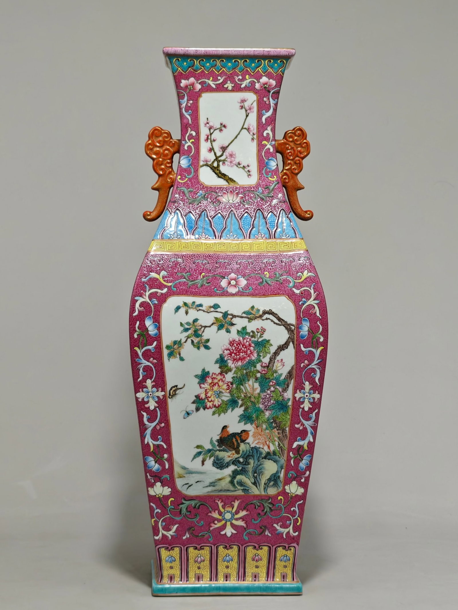 A Huge Ruby Red-Glazed Famille-Rose Painted Gold Flower and Bird Pattern Double-Ears Vase,With Poem: A Huge Ruby Red-Glazed Famille-Rose Painted Gold Flower and Bird Pattern Double-Ears Vase,With Poem,Qing Dynasty,China,Yongzheng Four-character Mark,Size:19.7inx7.1in 胭脂红釉&
