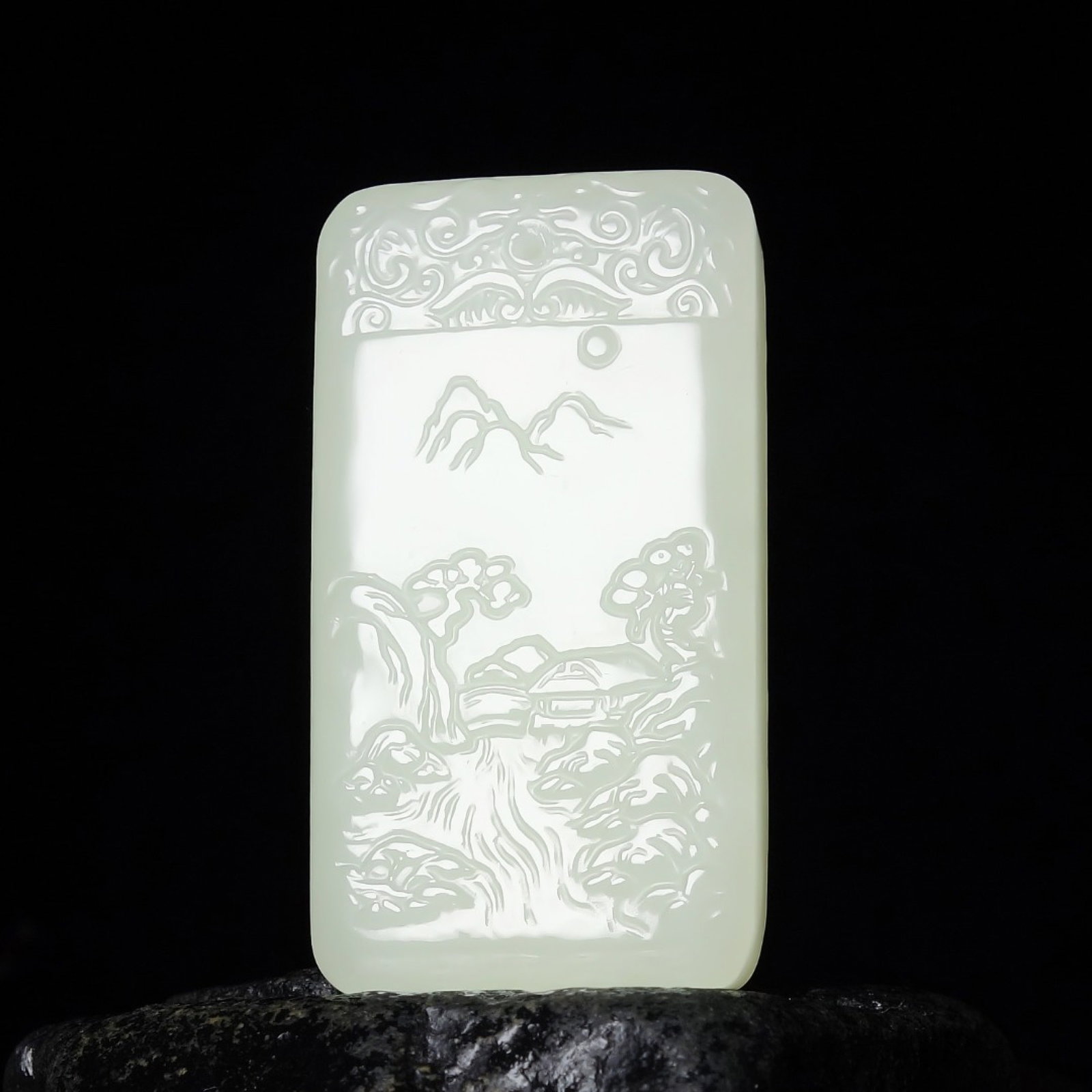 An Exquisite White Jade Landscape Pattern Pendant: An Exquisite White Jade Landscape Pattern Pendant,Size:50mmx27mmx8mm 白玉山水纹挂件