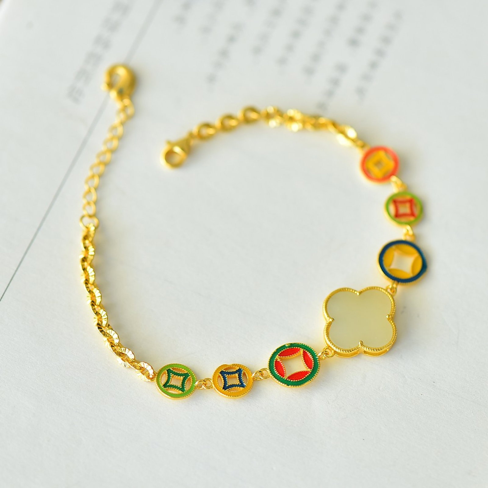 An Exquisite Sterling Silver-Gold Plated Inlaid White Jade Enamel Bracelets: An Exquisite Sterling Silver-Gold Plated Inlaid White Jade Enamel Bracelets 纯银镀金镶白玉珐琅手链