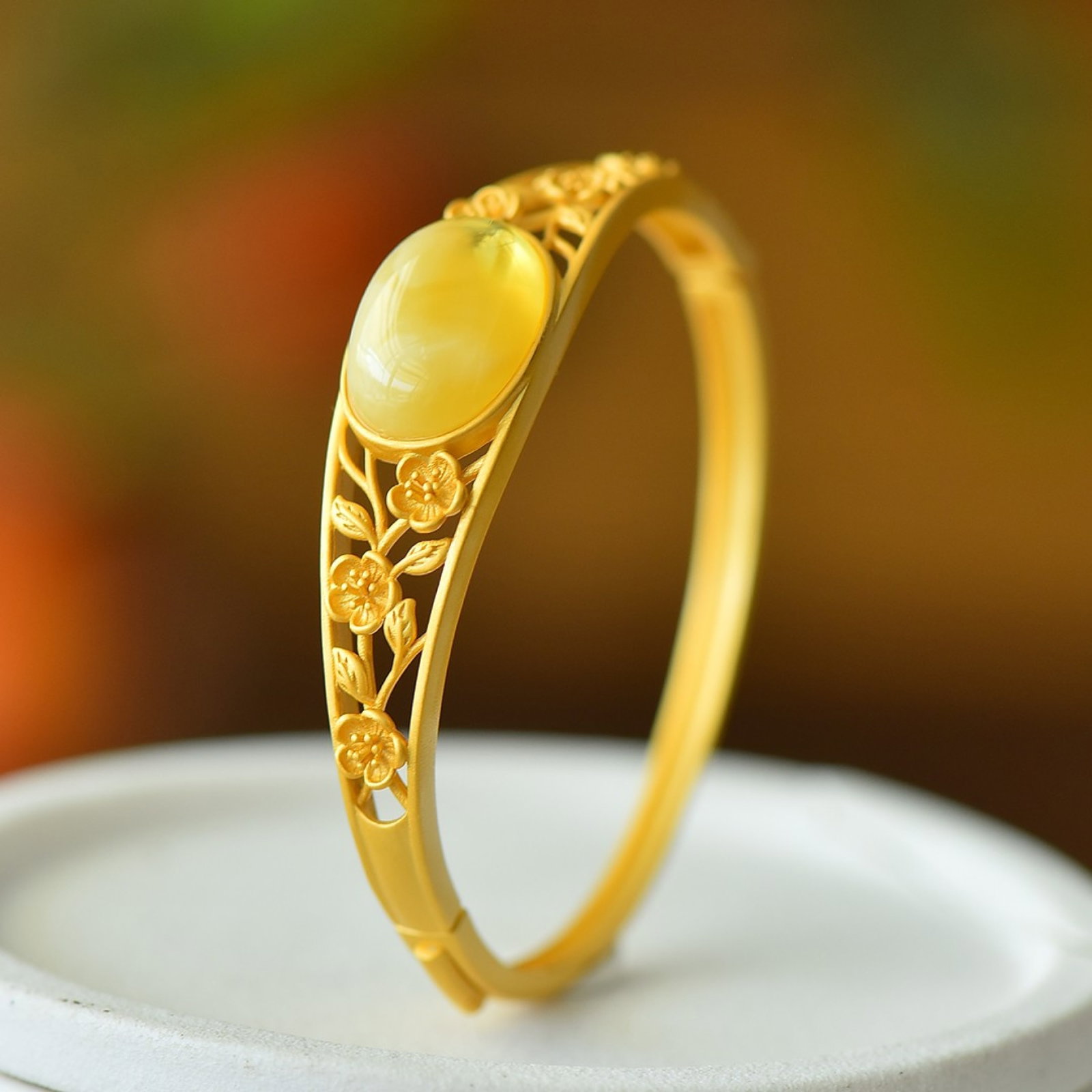 An Exquisite Sterling Silver-Gold Plated Inlaid Amber Bracelets (1 of 6)