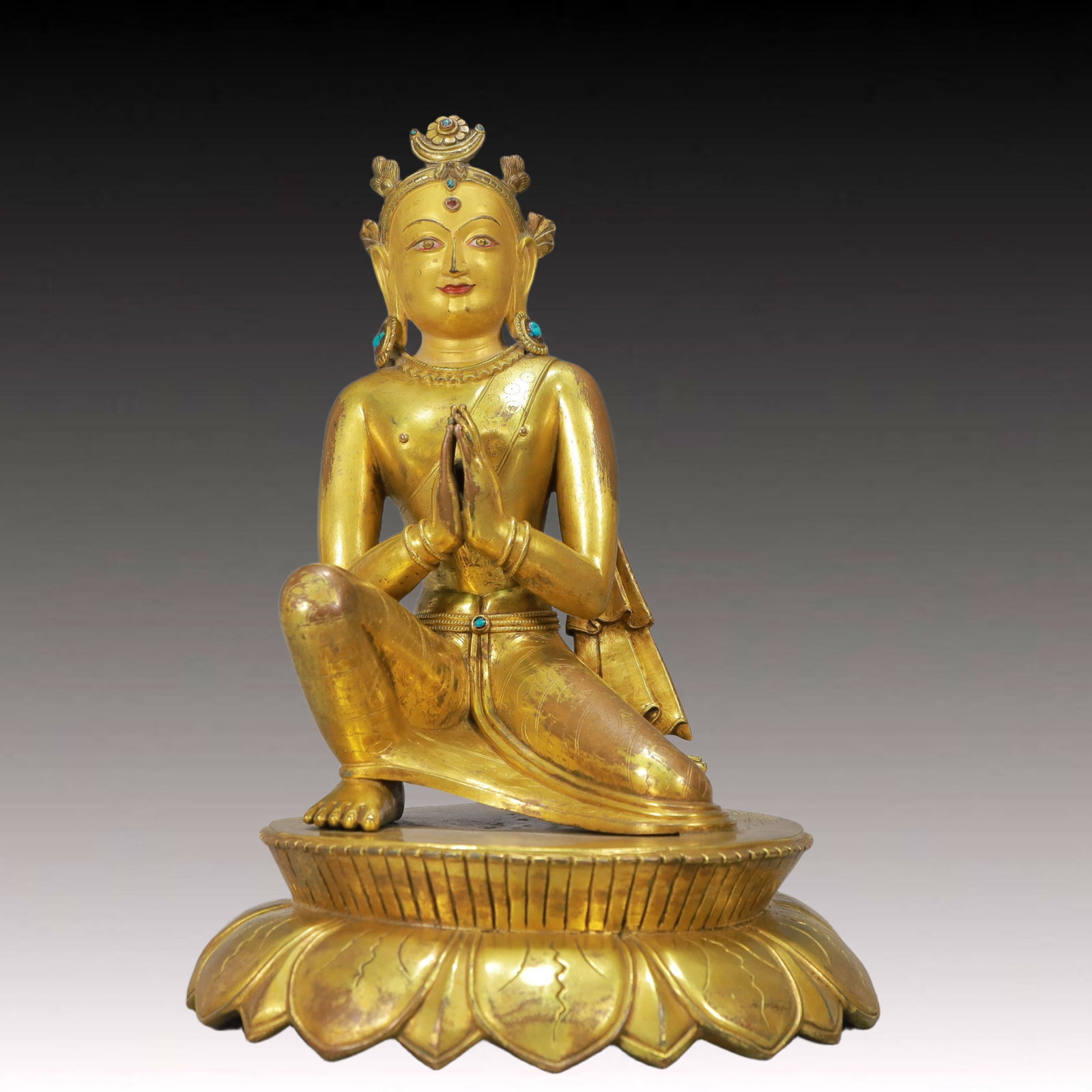 A Solemn Gilt Bronze Statue of Avalokitesvara,Inlaid Turquoise,With Inscription (1 of 11)