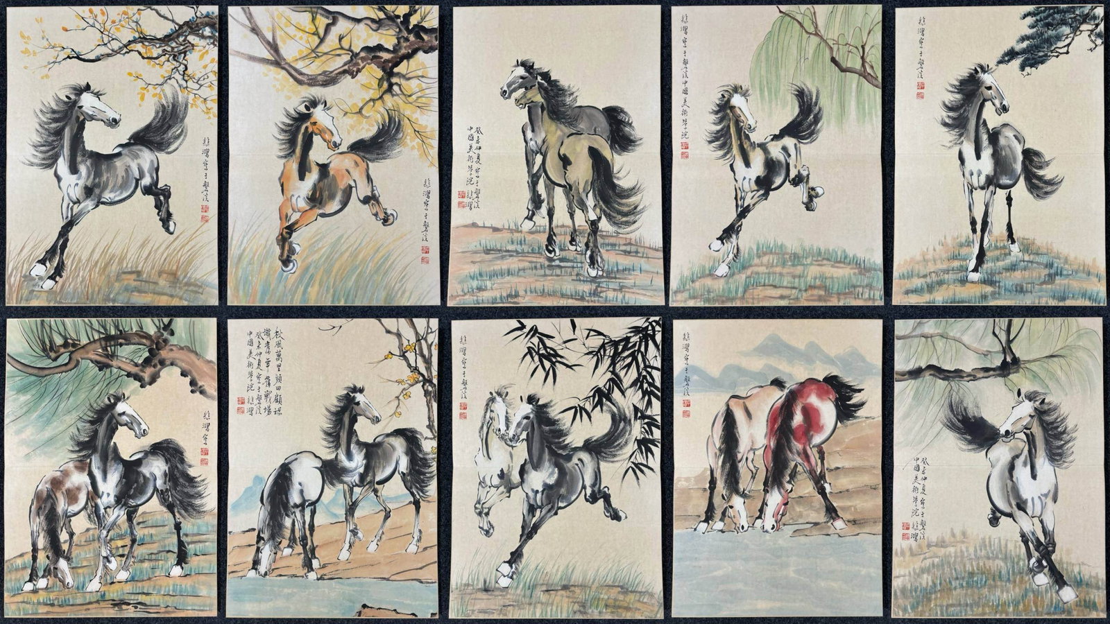 A Chinese Album Ink Painting of Horse on Paper,Xu Beihong: A Chinese Album Ink Painting of Horse on Paper,Xu Beihong,Size:(Entirety)17.7inx12.6in 一本中国水墨骏马图画册,徐悲鸿