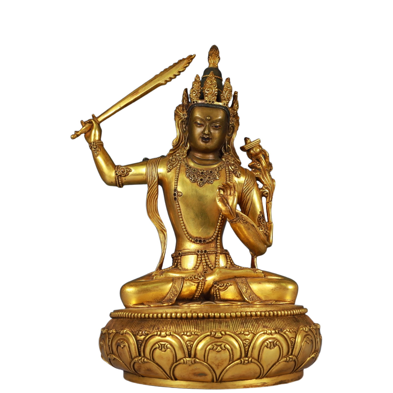 A Solemn Gilt Bronze Statue of Manjusri,With Inscription: A Solemn Gilt Bronze Statue of Manjusri,With Inscription,Qing Dynasty, China,Qianlong Mark,Size:7.5inx12.6in,Weight:6000g 铜鎏金文殊菩萨像,带Ž