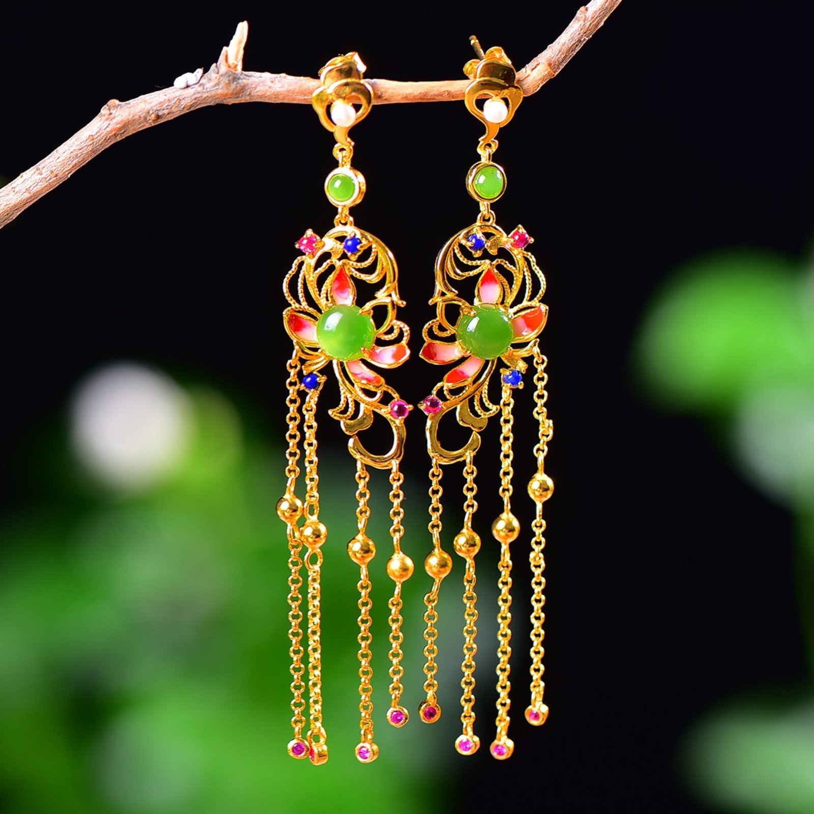 A Pair of Exquisite Sterling Silver-Gold Plated Inlaid Jasper Enamel Earrings,Inlaid Gems and Pearls: A Pair of Exquisite Sterling Silver-Gold Plated Inlaid Jasper Enamel Earrings,Inlaid Gems and Pearls,Size:6mmx6mm