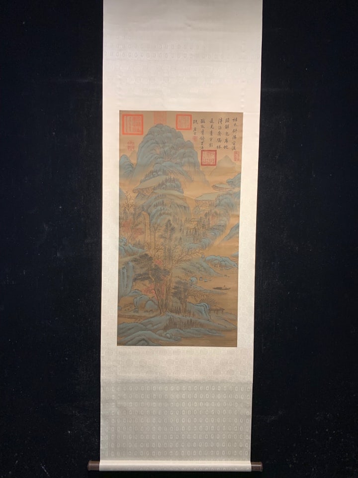 A Chinese Vertical Scroll Ink Painting of Landscape and Figure on Silk,Tang Yin: A Chinese Vertical Scroll Ink Painting of Landscape and Figure on Silk,Tang Yin,Size:(Without frame)37.4inx19.3in 一幅中国水墨绢本山水ߟ