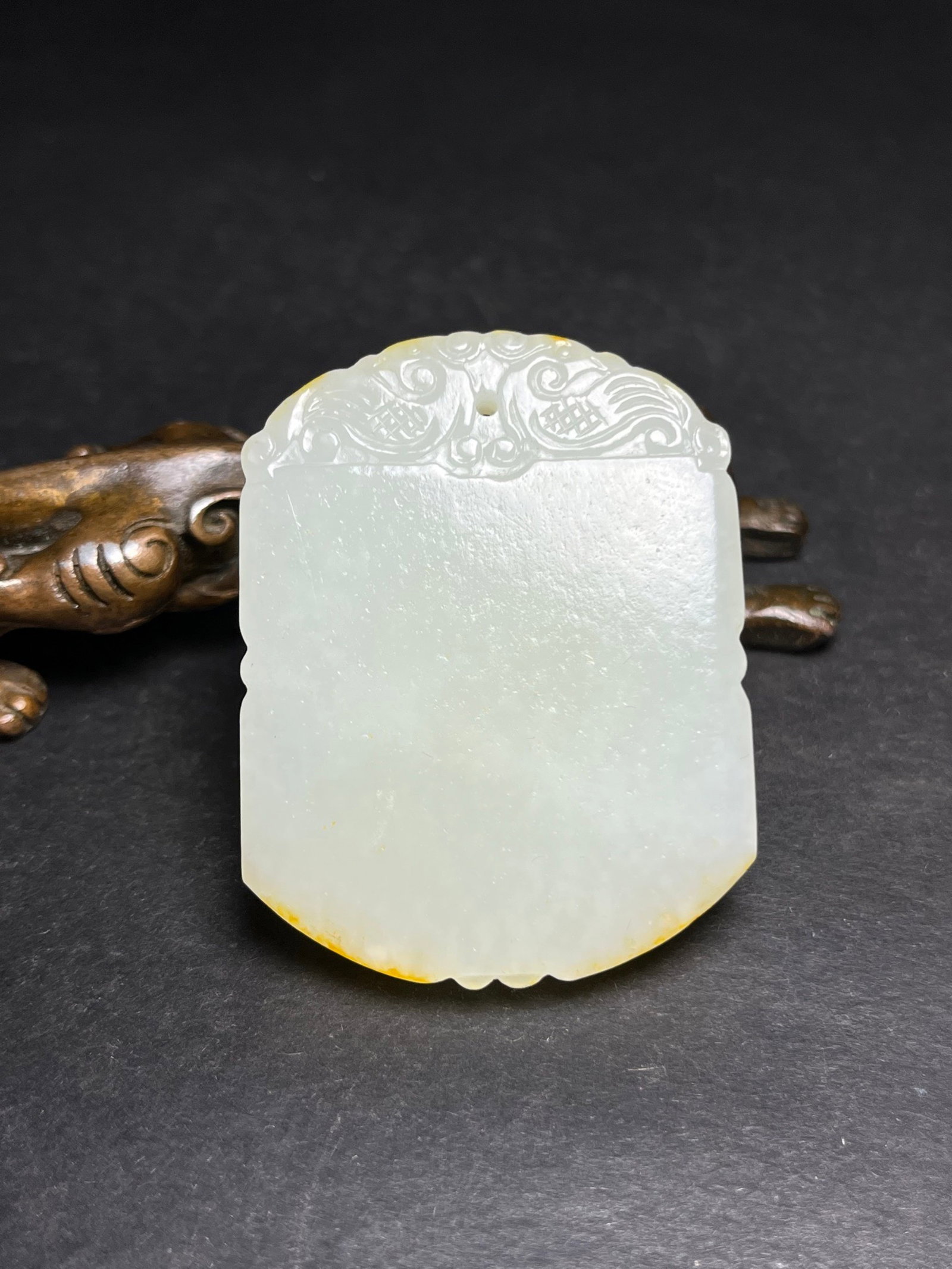 An Exquisite White Jade Sprinkled-Gold Pendant: An Exquisite White Jade Sprinkled-Gold Pendant,Qing Dynasty,China,Size:54mmx7mmx41mm,Weight:39g 白玉洒金挂件,中国清代